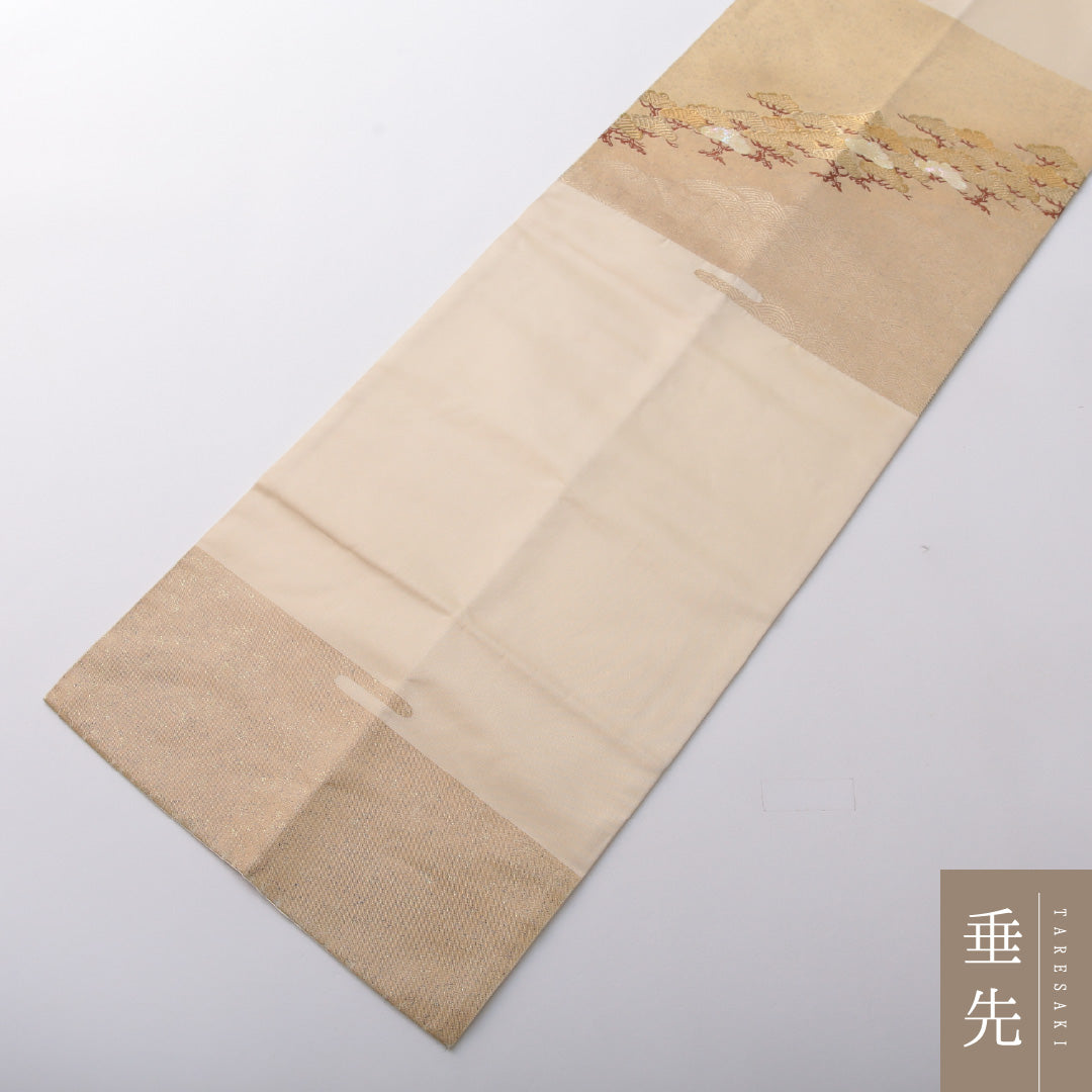 九寸名古屋帯 帯丈365cm セミフォーマル 名古屋仕立て ポイント柄 Cランク 正絹 松 クリーム系 1224-03644