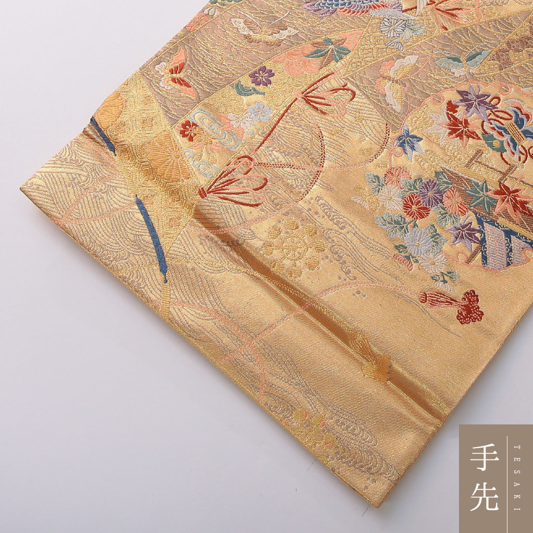 袋帯 帯丈430cm 正絹 六通 フォーマル 熨斗 雪輪 吉祥文様 金系 1243-02054