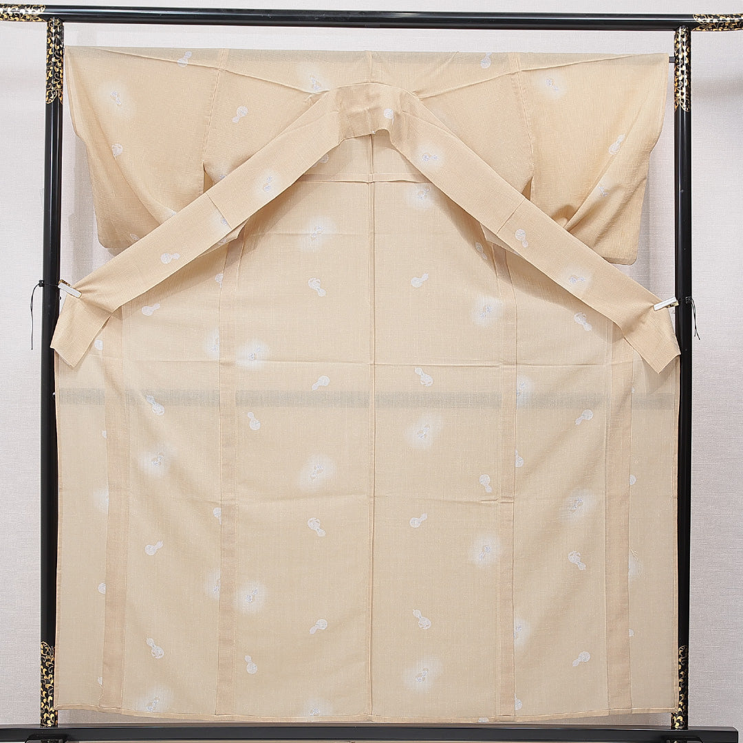 紬 単衣 身丈161cm 裄丈67cm 正絹 Cランク Lサイズ 広衿 カジュアル 染紬 瓢箪 クリーム系 1216-15676