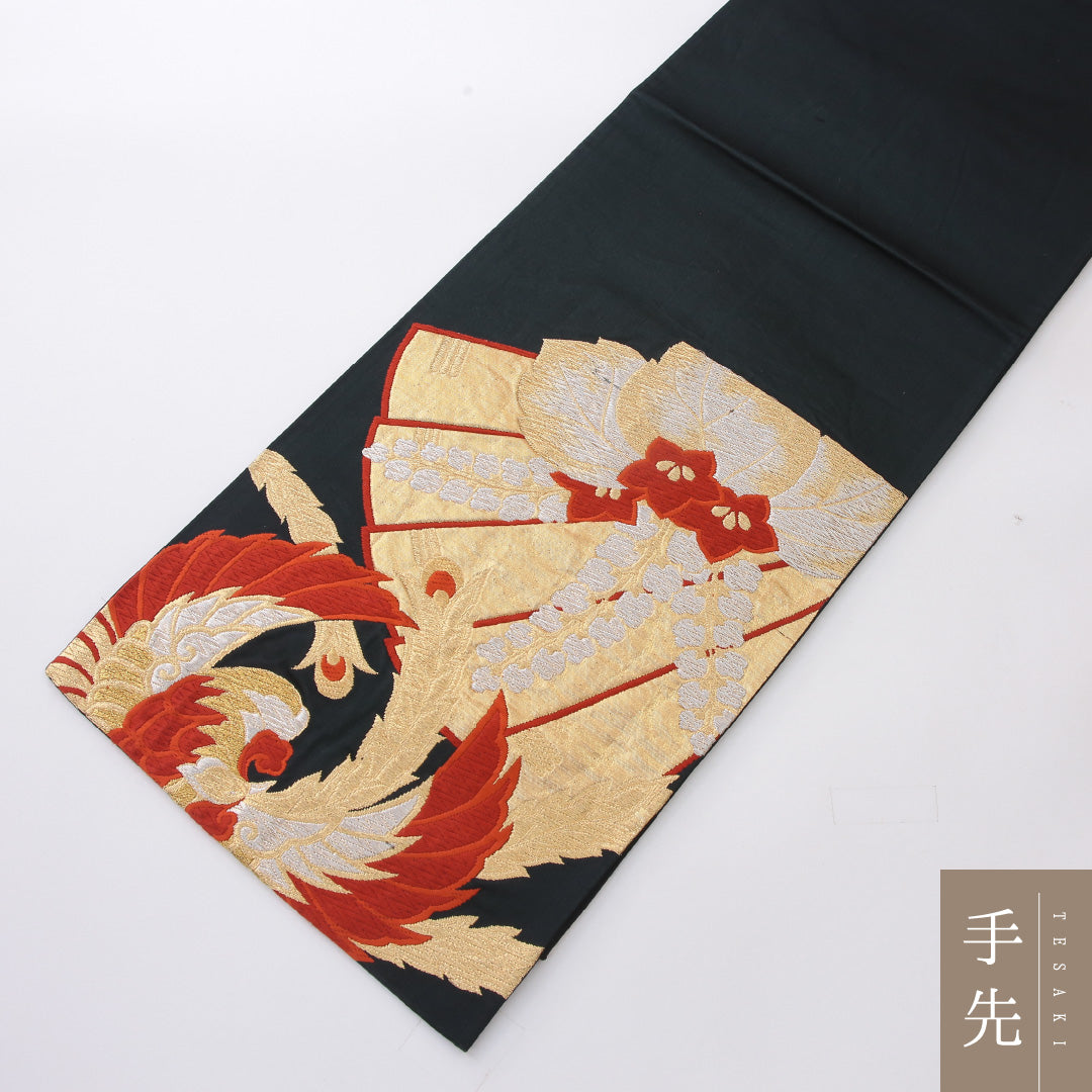 袋帯 帯丈424cm 正絹 六通 フォーマル 唐織 鳳凰 桐 黒系 金系 1243-02182