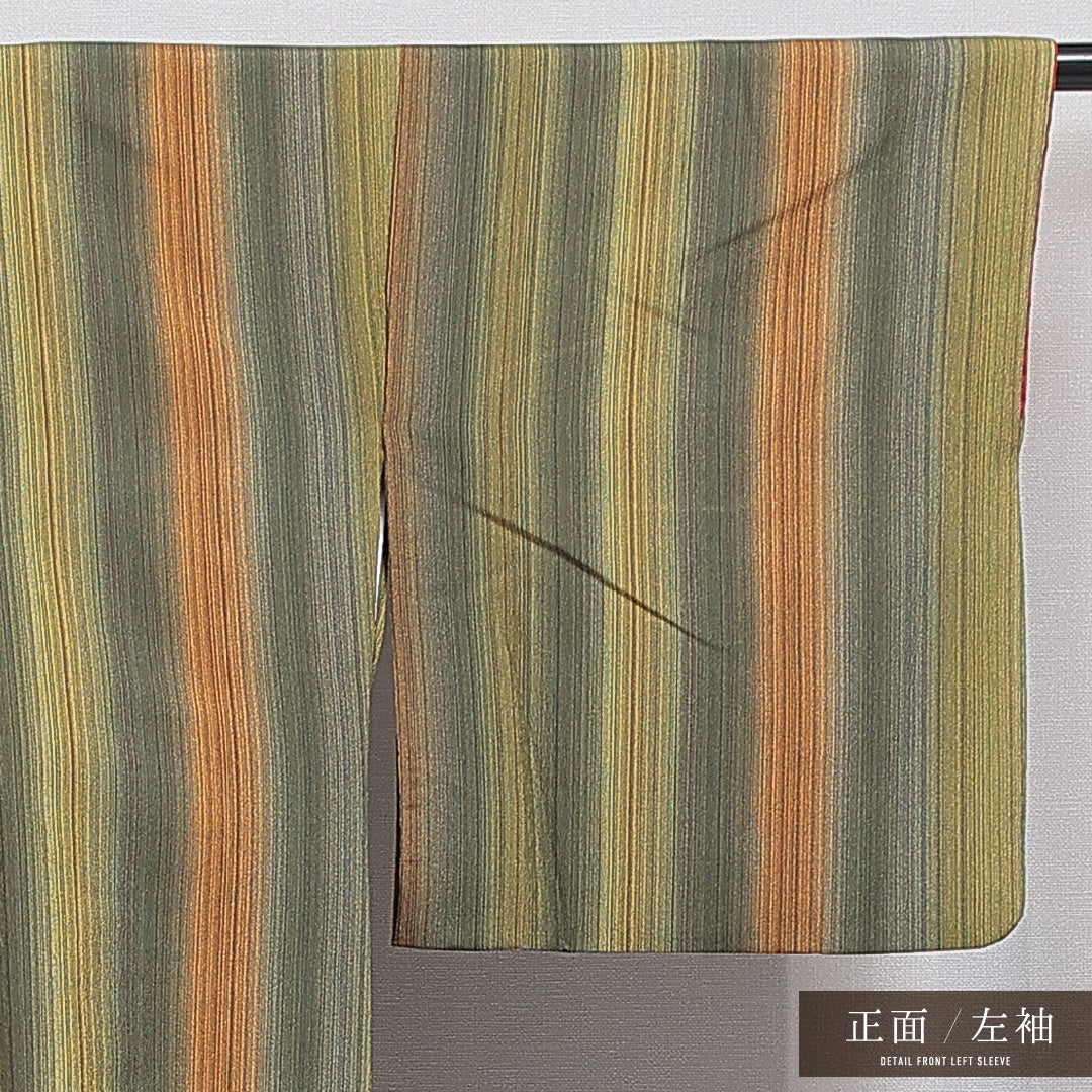 洗える着物 小紋 袷 身丈171cm 裄丈68cm ポリエステル Aランク インフォーマル 広衿 2XLサイズ 縞 緑系 RP 1221-16358