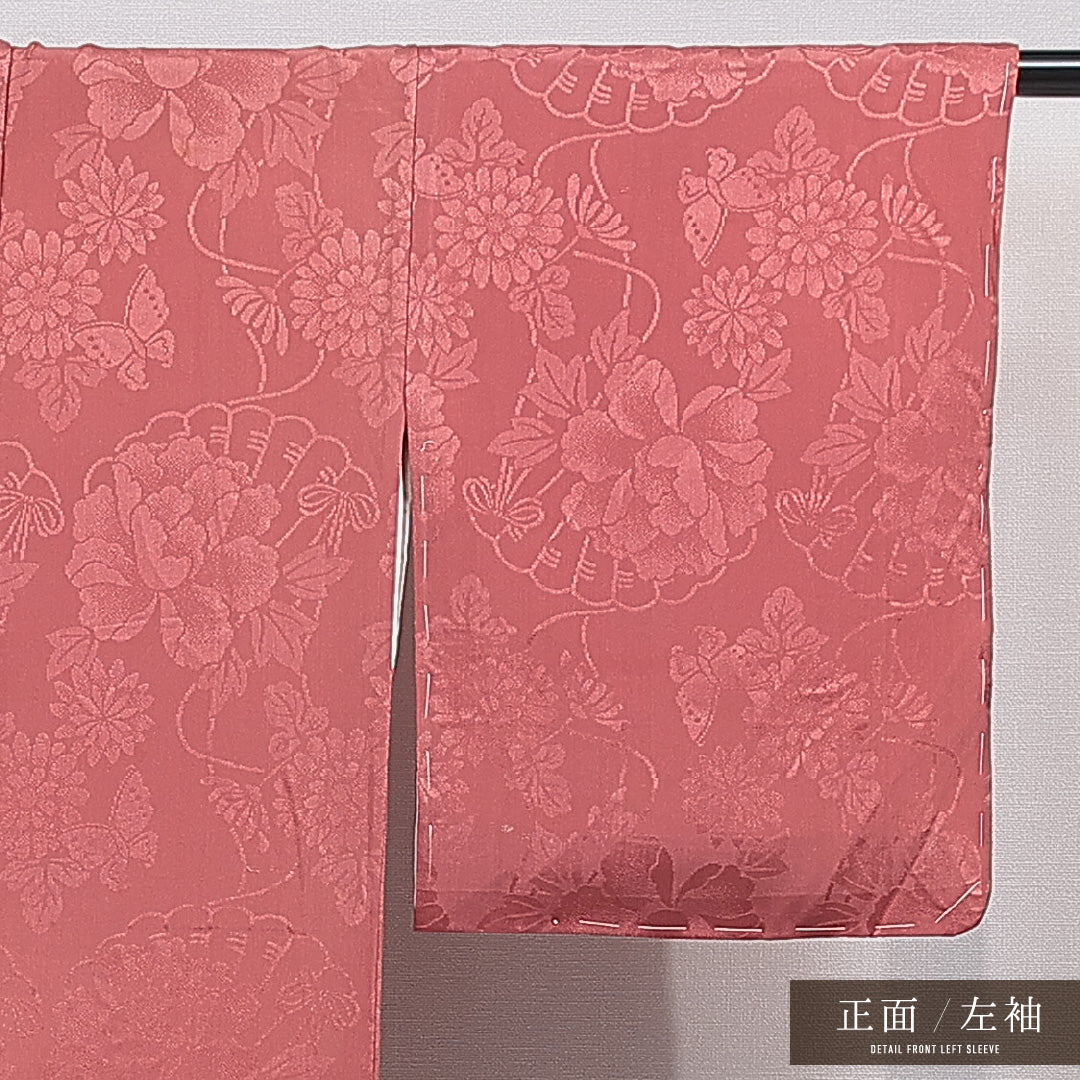 付下げ 袷 身丈150cm 裄丈62cm 正絹 Sランク 紋意匠 (花蝶) インフォーマル 広衿 Sサイズ 扇 牡丹 赤系 M4 1218-15510