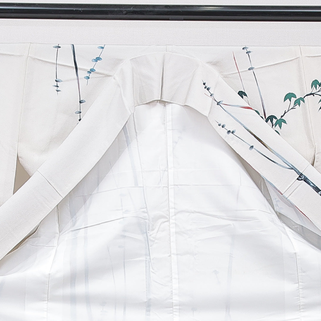 小紋 袷 身丈166cm 裄丈64cm 正絹 Cランク XLサイズ 広衿 インフォーマル 植物柄 ベージュ系 1215-15645