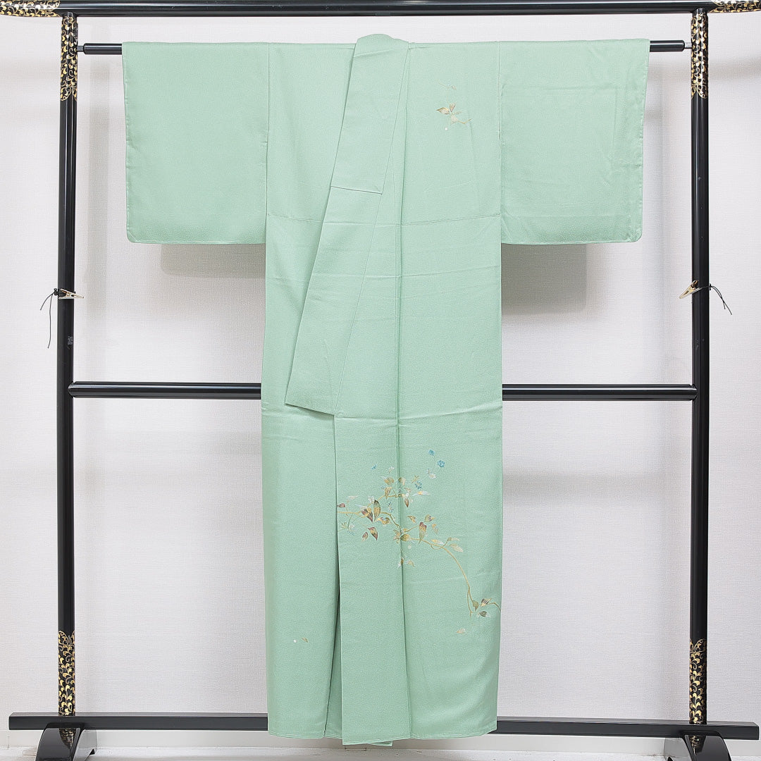 付下げ 袷 身丈153cm 裄丈61cm 正絹 Sランク Sサイズ 広衿 一つ紋 セミフォーマル 花柄 ぼかし染 刺繍 落款 緑系 1261-15905