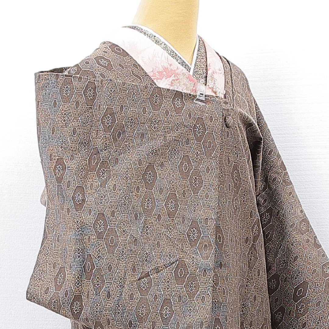 道行コート 袷 身丈83cm 裄丈62cm 正絹 Aランク カジュアル Sサイズ 亀甲 茶系 RP 1237-15160