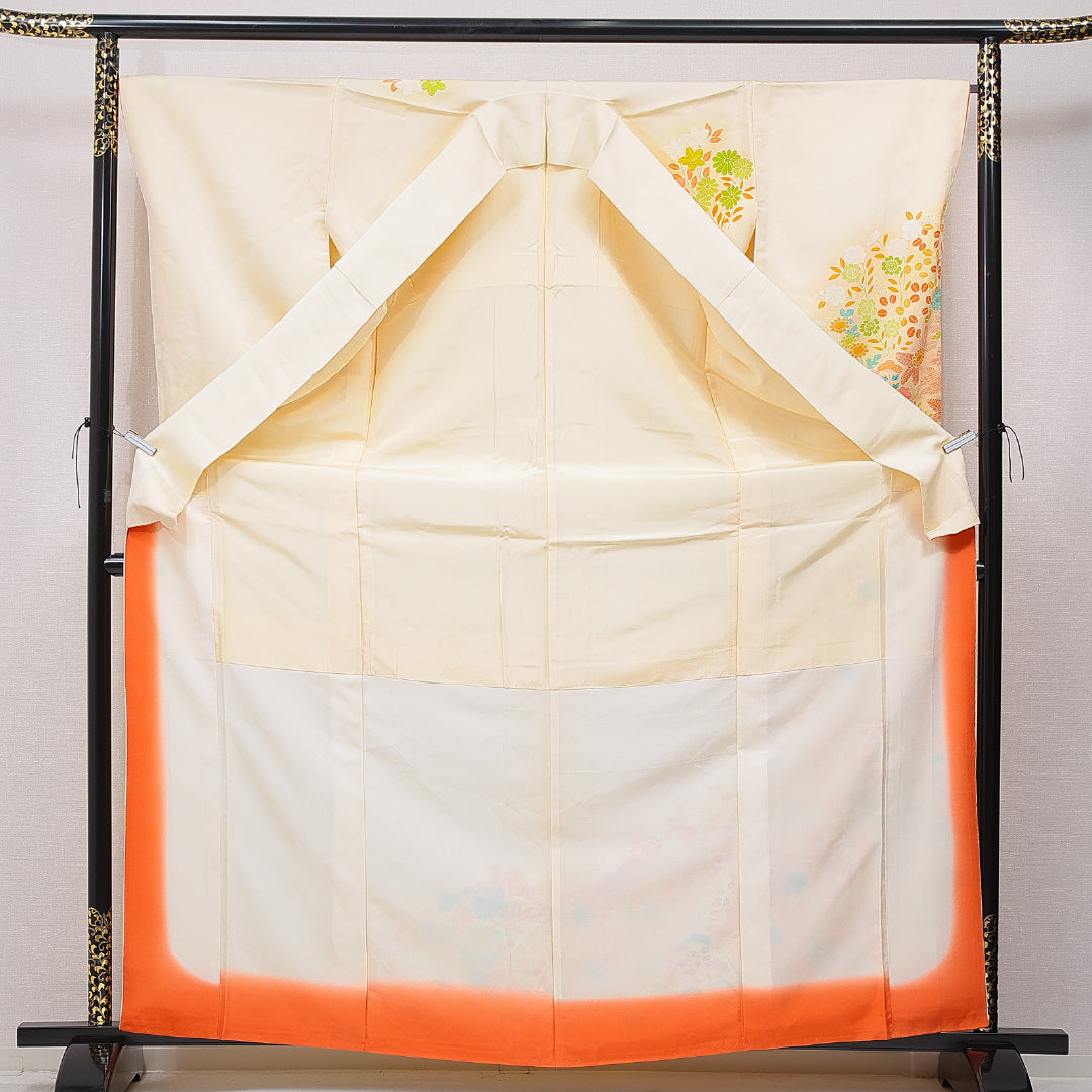 付下げ 袷 身丈166cm 裄丈66cm 正絹 Cランク XLサイズ 広衿 インフォーマル 花柄 クリーム系 1261-15655