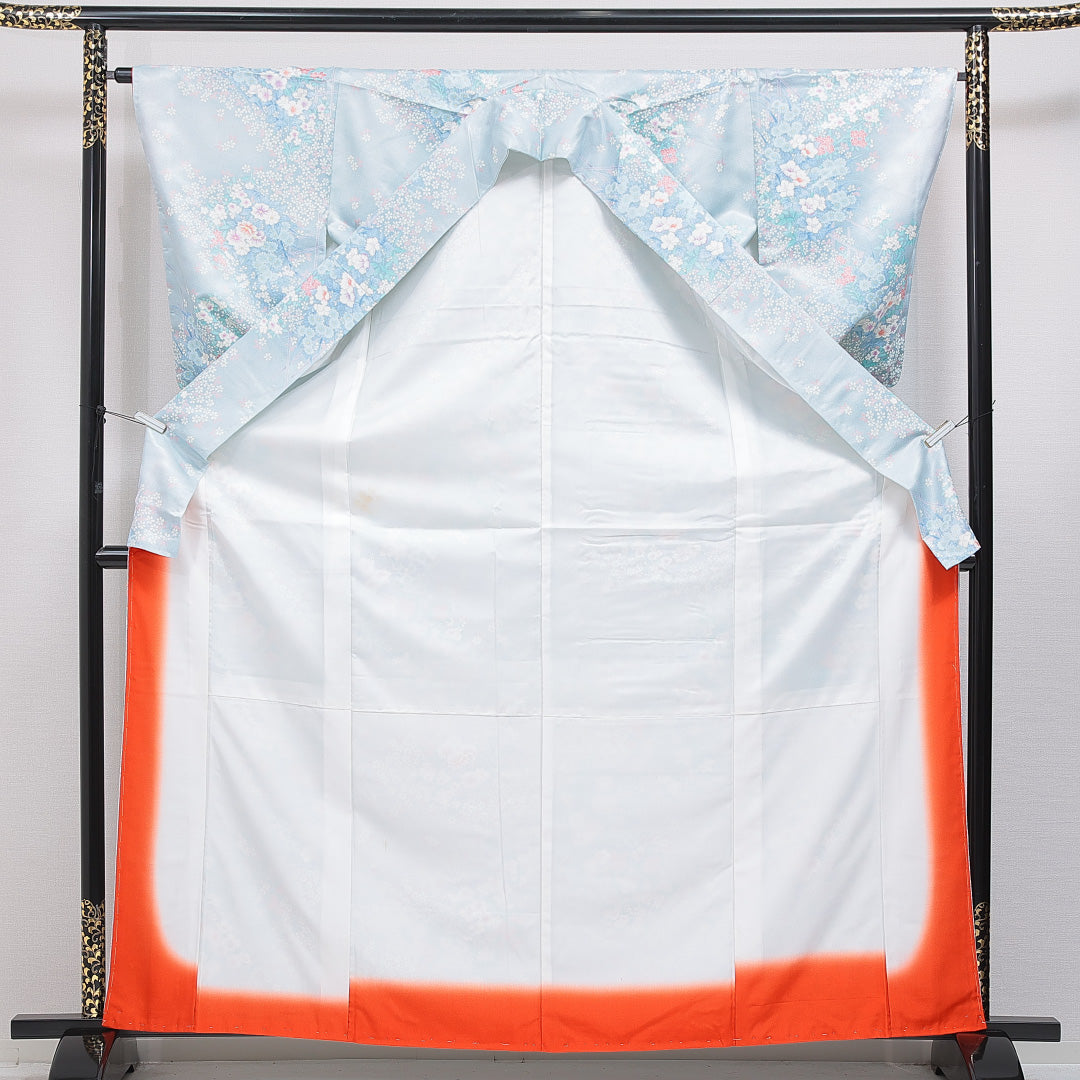 小紋 洗える着物 袷 身丈164cm 裄丈65cm ポリエステル Cランク Lサイズ 広衿 インフォーマル 花柄 水色系 1215-16255