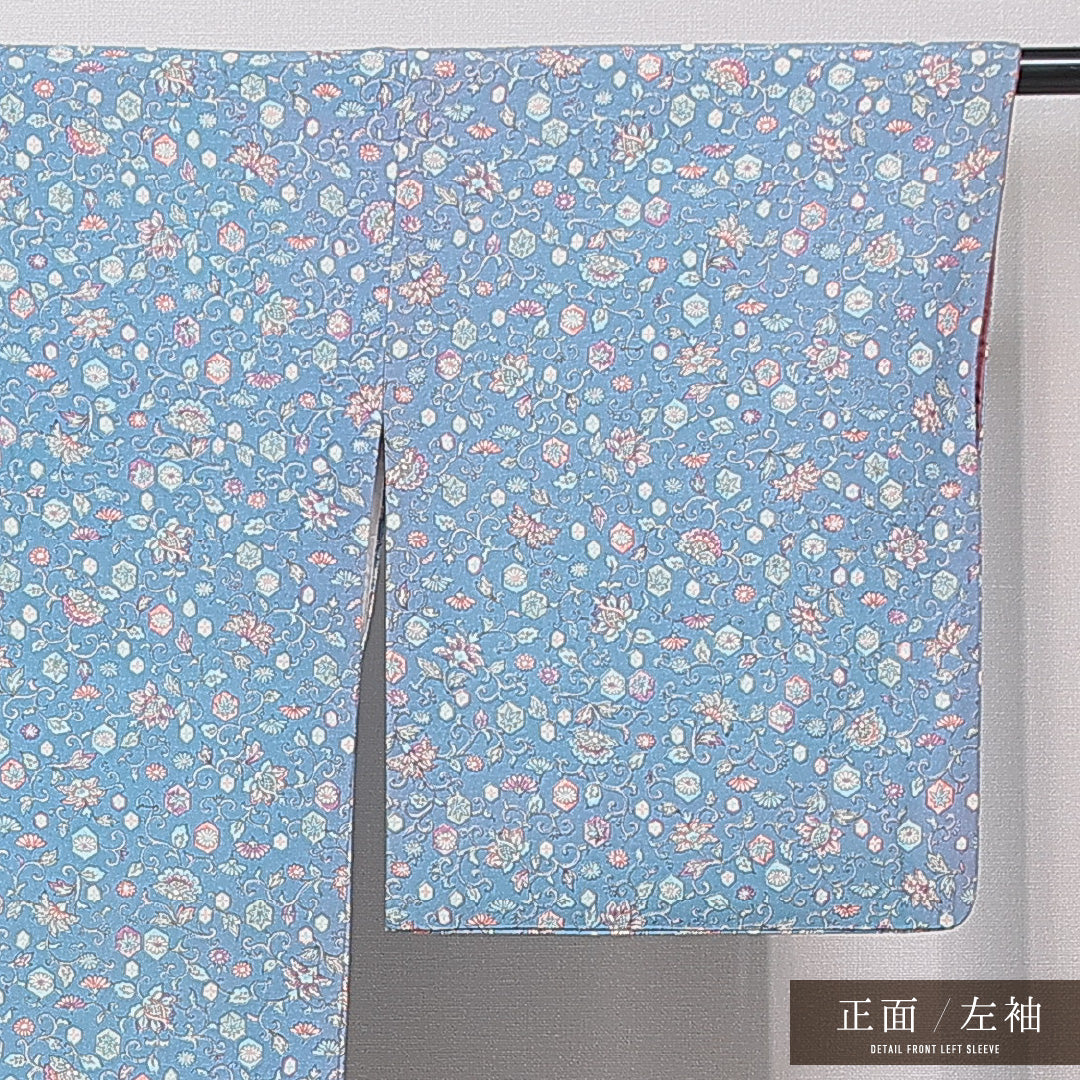 小紋 袷 身丈156cm 裄丈64cm 正絹 Sランク インフォーマル バチ衿 Mサイズ 唐華 水色系 RP 1221-15896