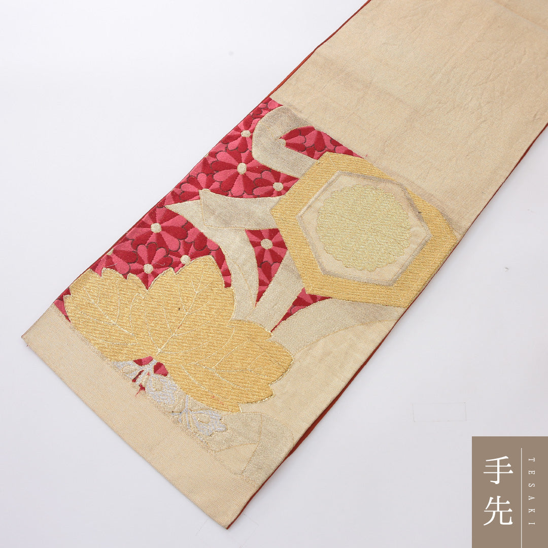 袋帯 帯丈418cm 正絹 六通 フォーマル 熨斗 菊亀甲 桐 金系 赤系 1243-02181