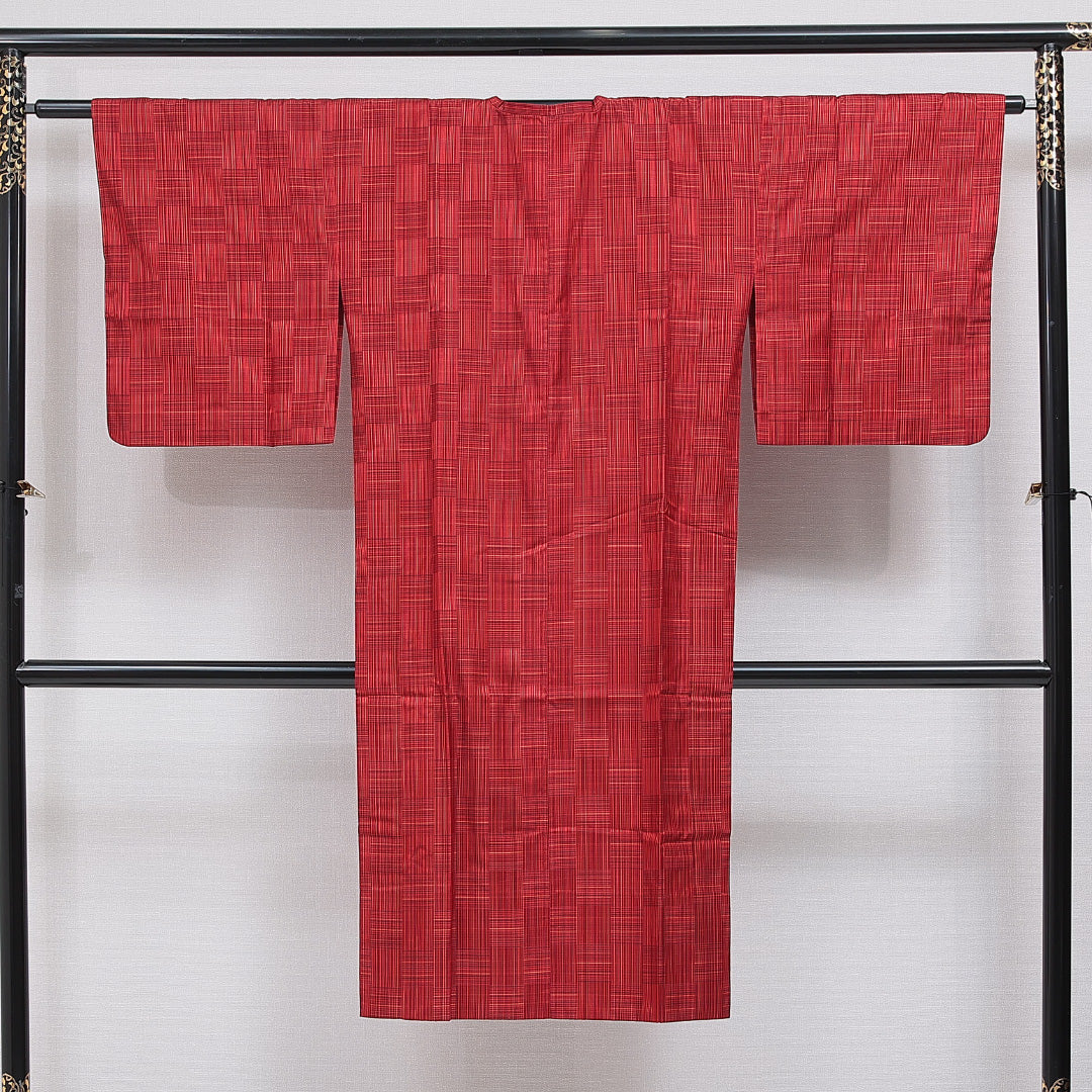 道行コート 単衣 身丈126cm 裄丈63cm 正絹 Sランク Sサイズ ポケットあり 格子 赤系 RP 1237-16135