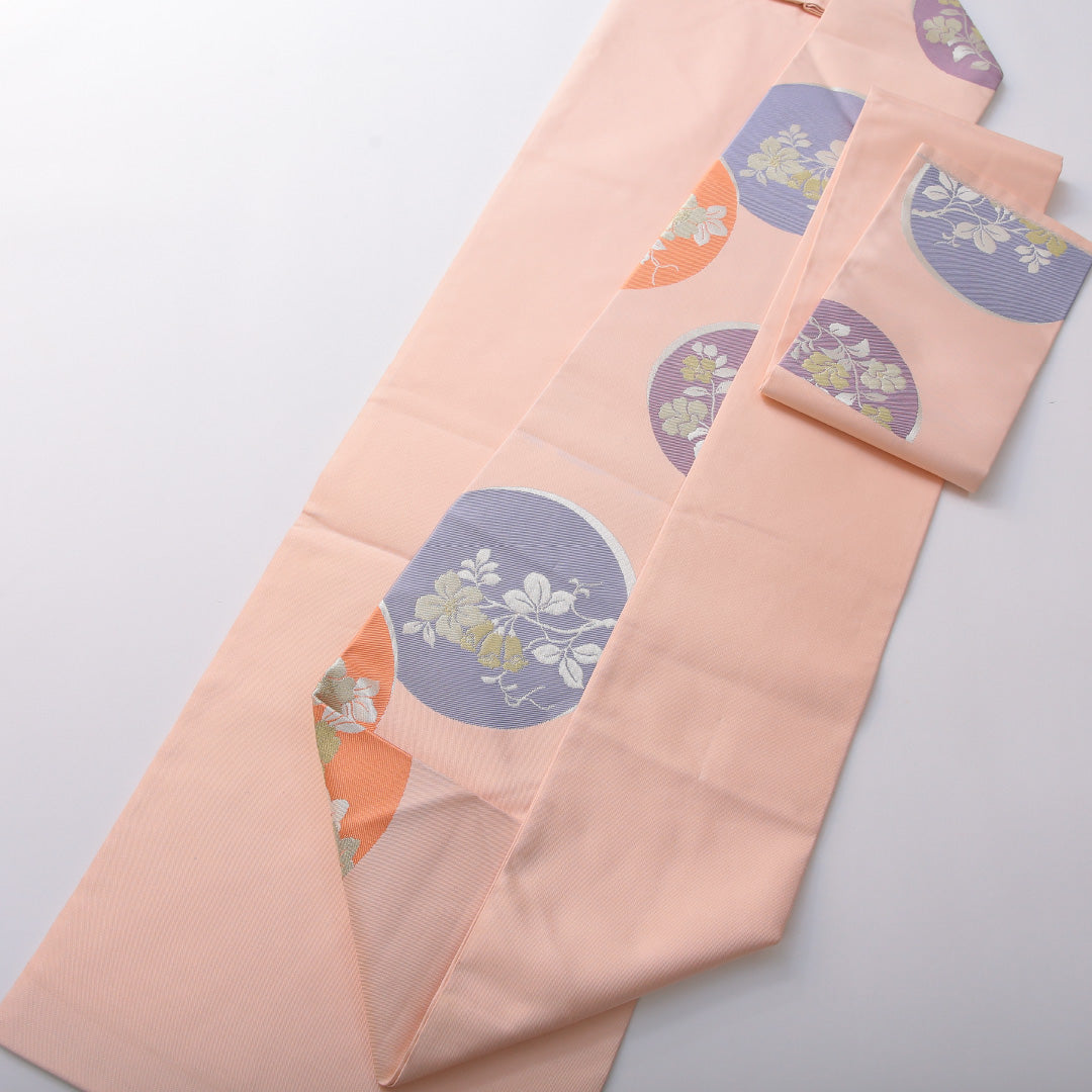 九寸名古屋帯 帯丈365cm インフォーマル 名古屋仕立て 六通 Aランク 正絹 丸文 椿 ピンク系 1224-03490