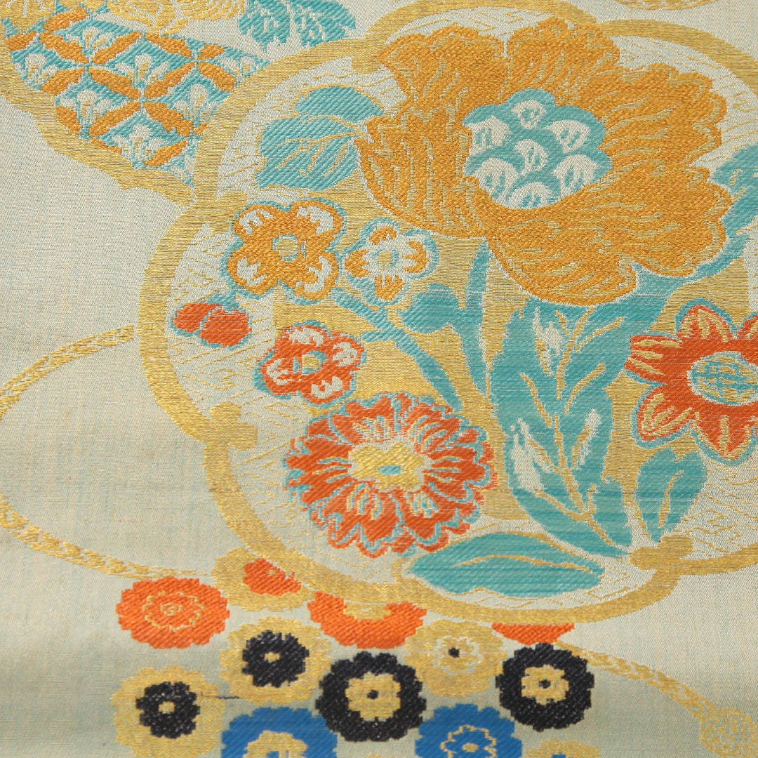 アンティーク 九寸名古屋帯 帯丈342cm 名古屋仕立て 六通 Cランク 正絹 花柄 緑系 1224-04048