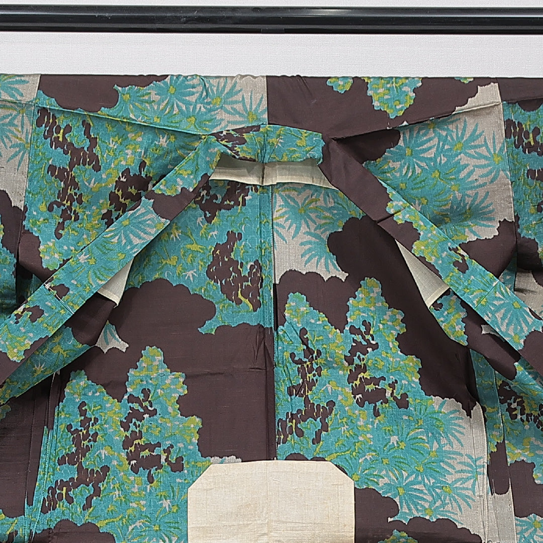 アンティーク 紬 単衣 身丈154cm 裄丈64cm 正絹 Cランク Sサイズ バチ衿 居敷当て 肩当て 創作柄 茶系 1216-15662