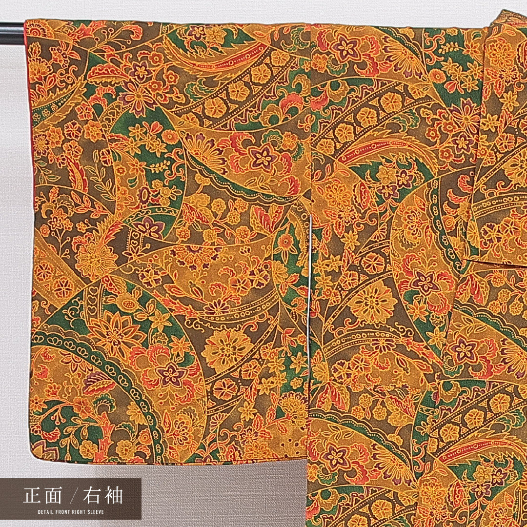 小紋 袷 身丈156cm 裄丈62cm 正絹 Dランク Mサイズ 広衿 インフォーマル ちりめん 多色系 朱系 1215-16665