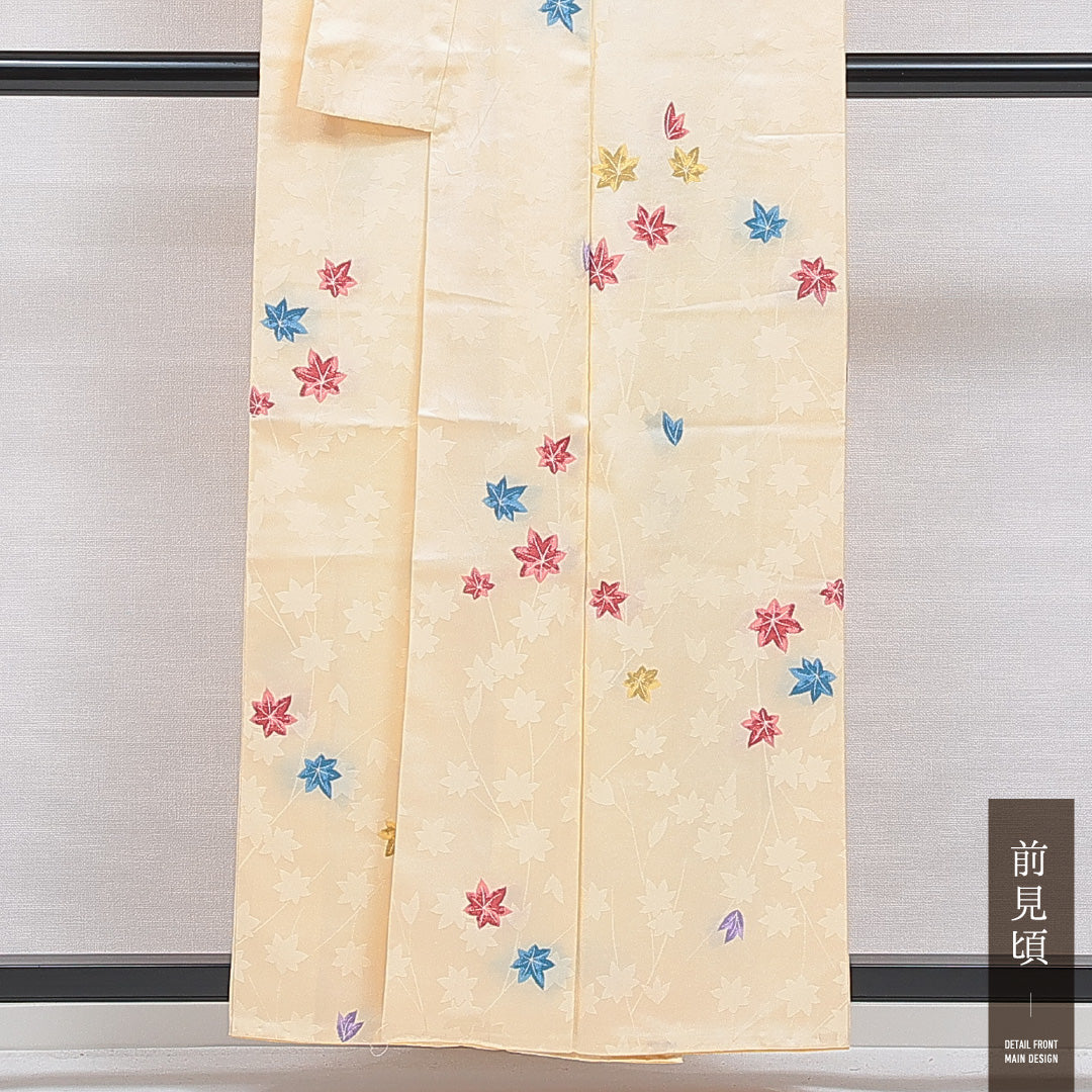 洗える着物 小紋 袷 身丈156cm 裄丈62cm ポリエステル Cランク インフォーマル 広衿 Mサイズ 紅葉 クリーム系 LP 1221-16271