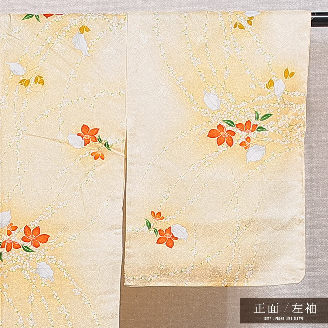 洗える着物 小紋 袷 身丈163cm 裄丈63cm ポリエステル Sランク 紋意匠 (桐) インフォーマル 広衿 Lサイズ 椿 黄系 RP 1221-16374