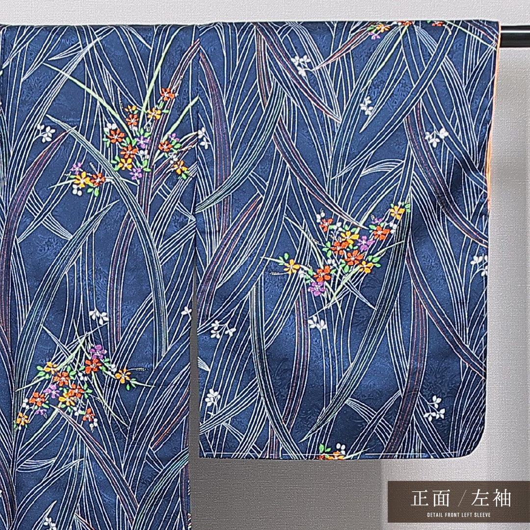 洗える着物 小紋 袷 身丈163cm 裄丈64cm ポリエステル Sランク インフォーマル 広衿 Lサイズ 花柄 青系 RP 1221-15845