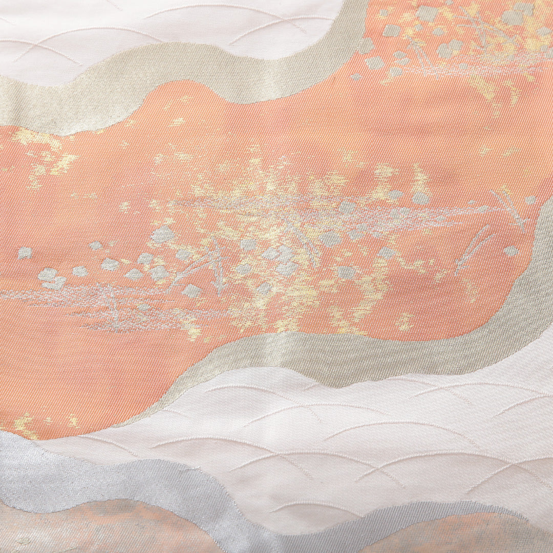 九寸名古屋帯 帯丈354cm セミフォーマル 名古屋仕立て ポイント柄 Sランク 正絹 松葉 創作柄 ベージュ系 ピンク系 1224-03900