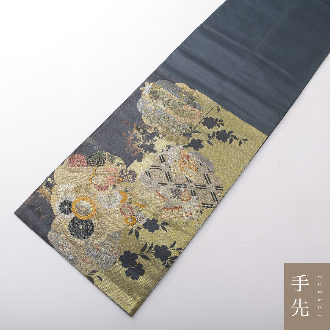 袋帯 帯丈440cm 正絹 六通 フォーマル 研き出し引箔袋 楽器 吉祥文様 紺系 金系 1243-02103
