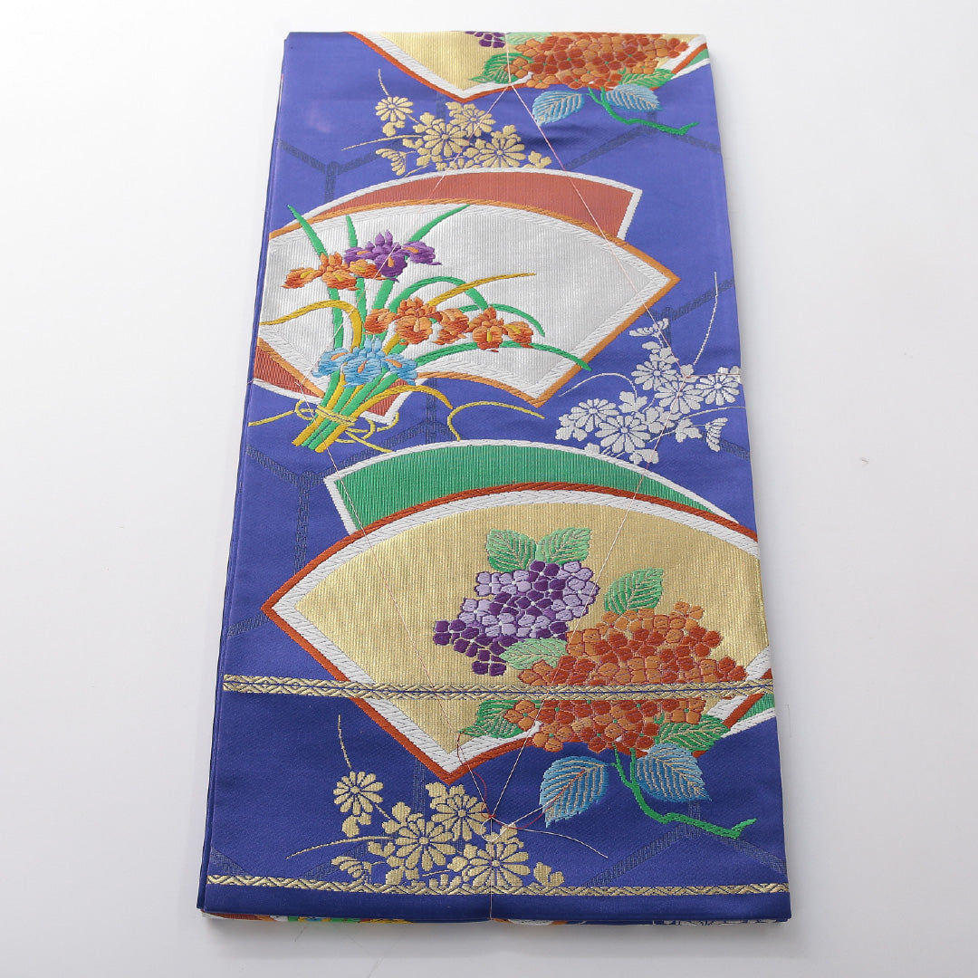 新古品 袋帯 帯丈432cm フォーマル 六通 Nランク 正絹 唐織 扇 紫陽花 しつけ糸 朱系 1223-02081