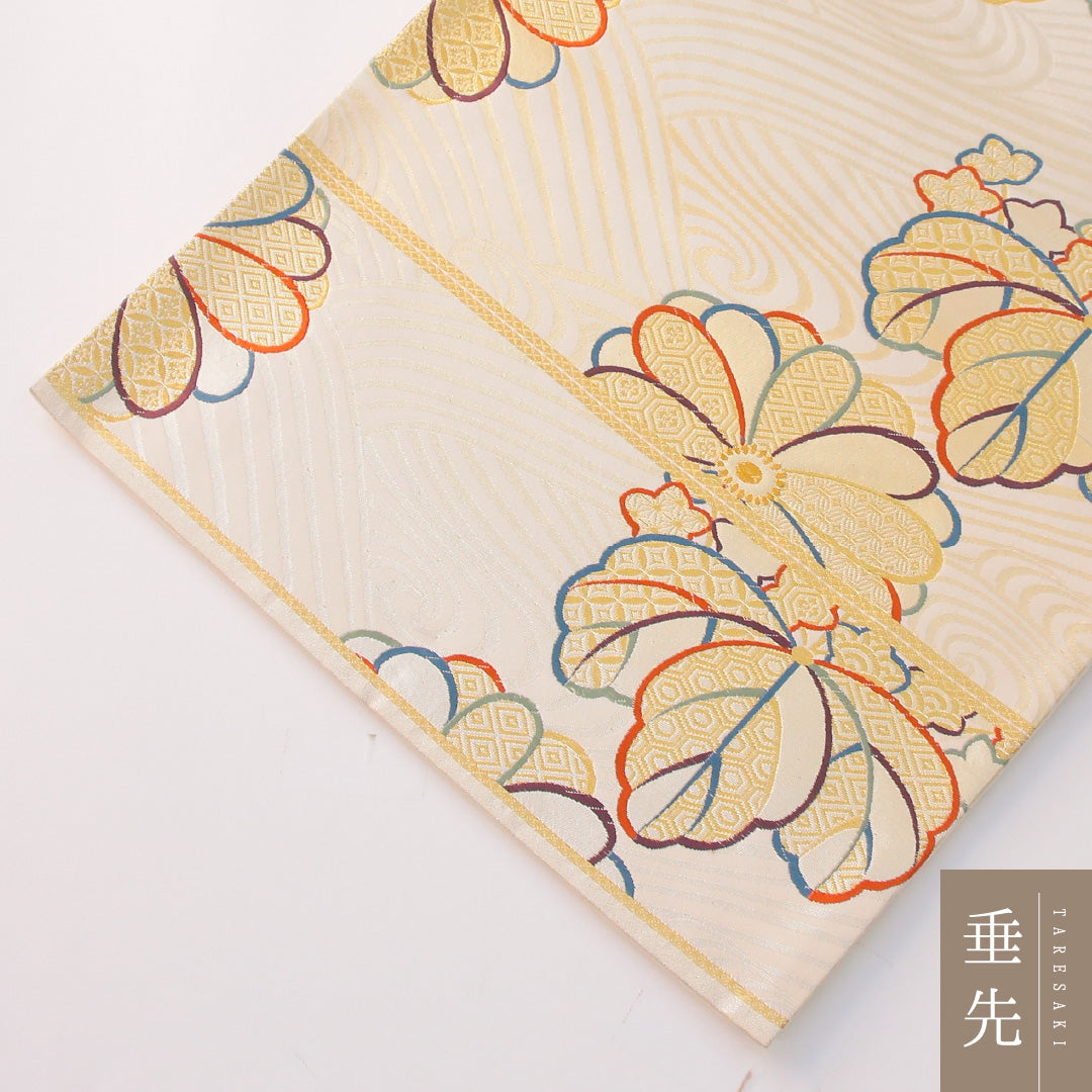 未使用品 袋帯 帯丈436cm 正絹 六通 フォーマル 家紋柄 荒磯 菊 桐 クリーム系 1243-02302