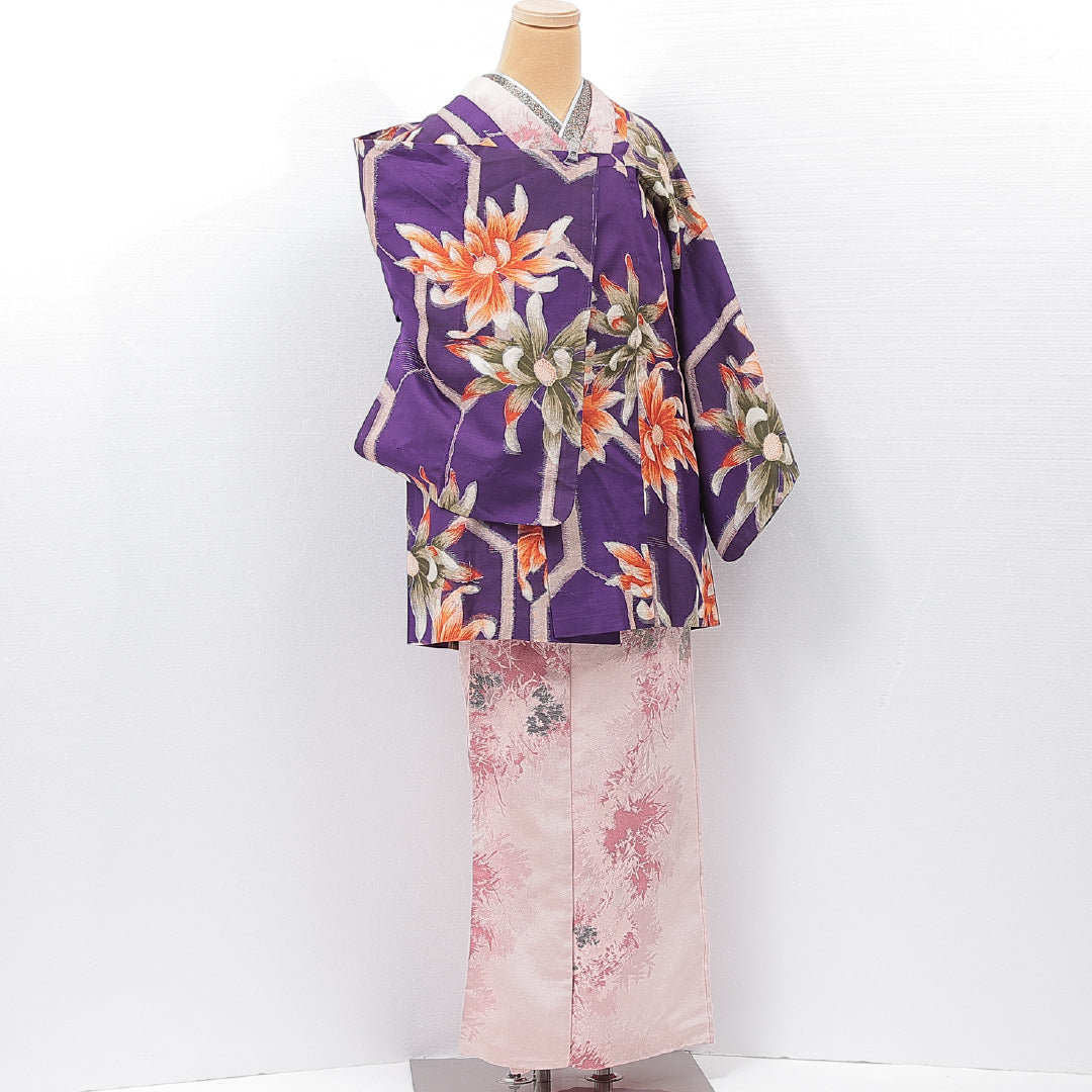 アンティーク 道行コート（銘仙） 袷 身丈86cm 裄丈64cm 正絹 Aランク Mサイズ 亀甲 花柄 青系 1263-15179