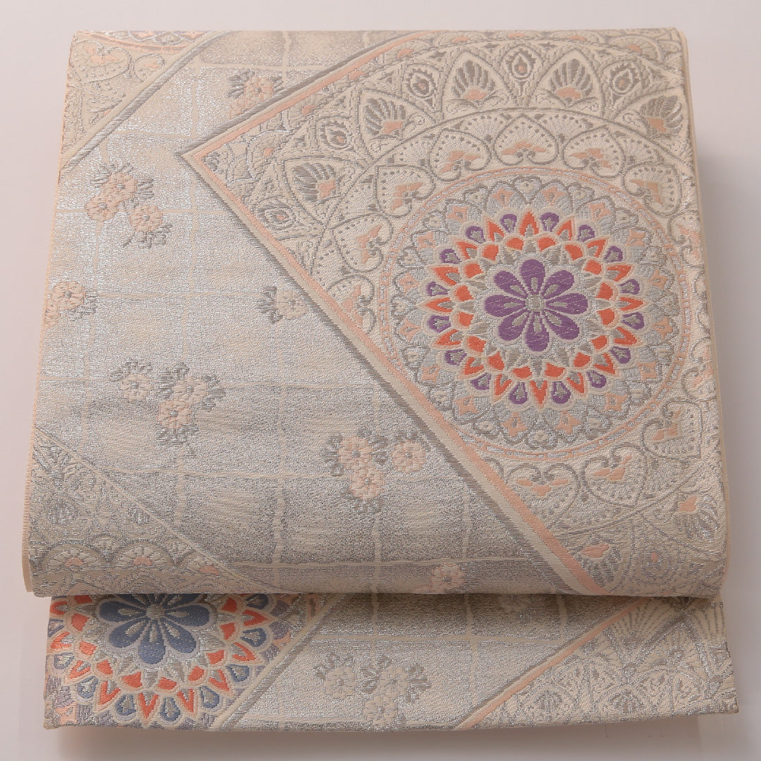 袋帯 帯丈428cm フォーマル 六通 未仕立て Aランク 正絹 唐草華文 扇 銀系 1223-01889