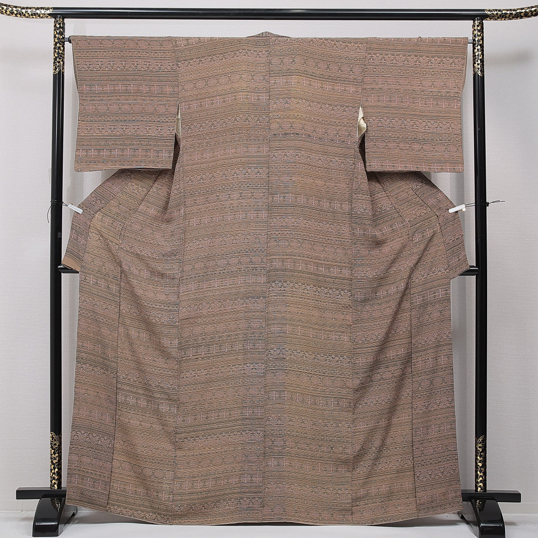 小紋 袷 身丈165cm 裄丈65cm 正絹 Sランク インフォーマル バチ衿 XLサイズ 花柄 茶系 RP 1221-15436