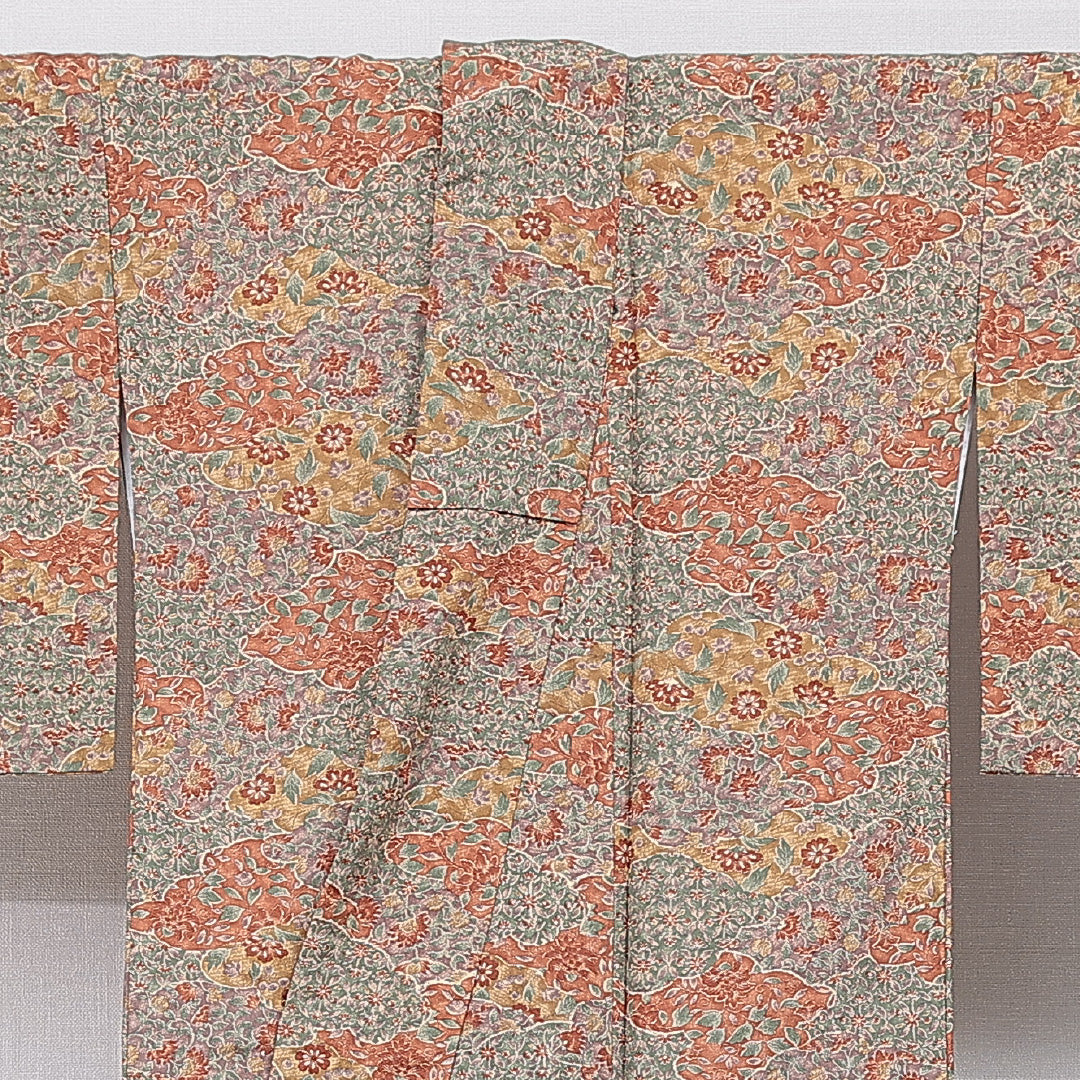 小紋 洗える着物 袷 身丈165cm 裄丈67cm ポリエステル Sランク XLサイズ 広衿 インフォーマル 花柄 多色系 茶系 1215-15799