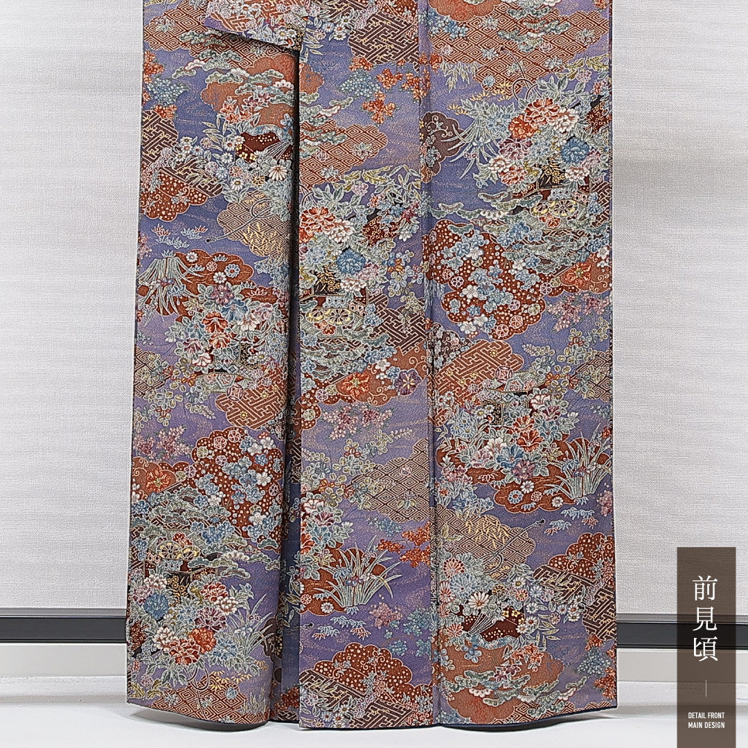 小紋 袷 身丈161cm 裄丈64cm 正絹 Sランク インフォーマル 広衿 Lサイズ 吉祥文様 紫系 RP 1221-15551