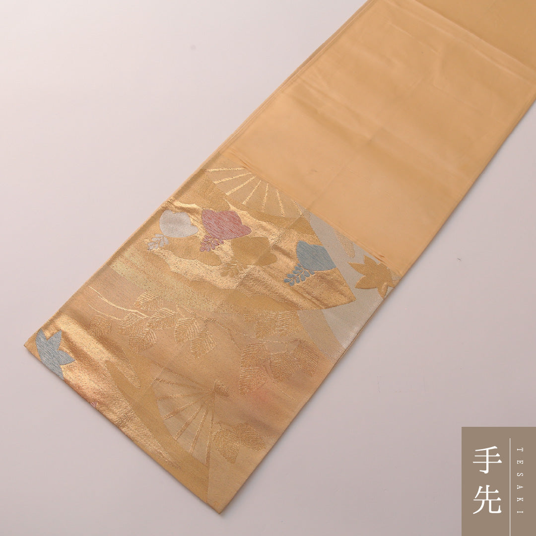 袋帯 帯丈408cm フォーマル 六通 Cランク 正絹 扇 紅葉 金系 1223-01887