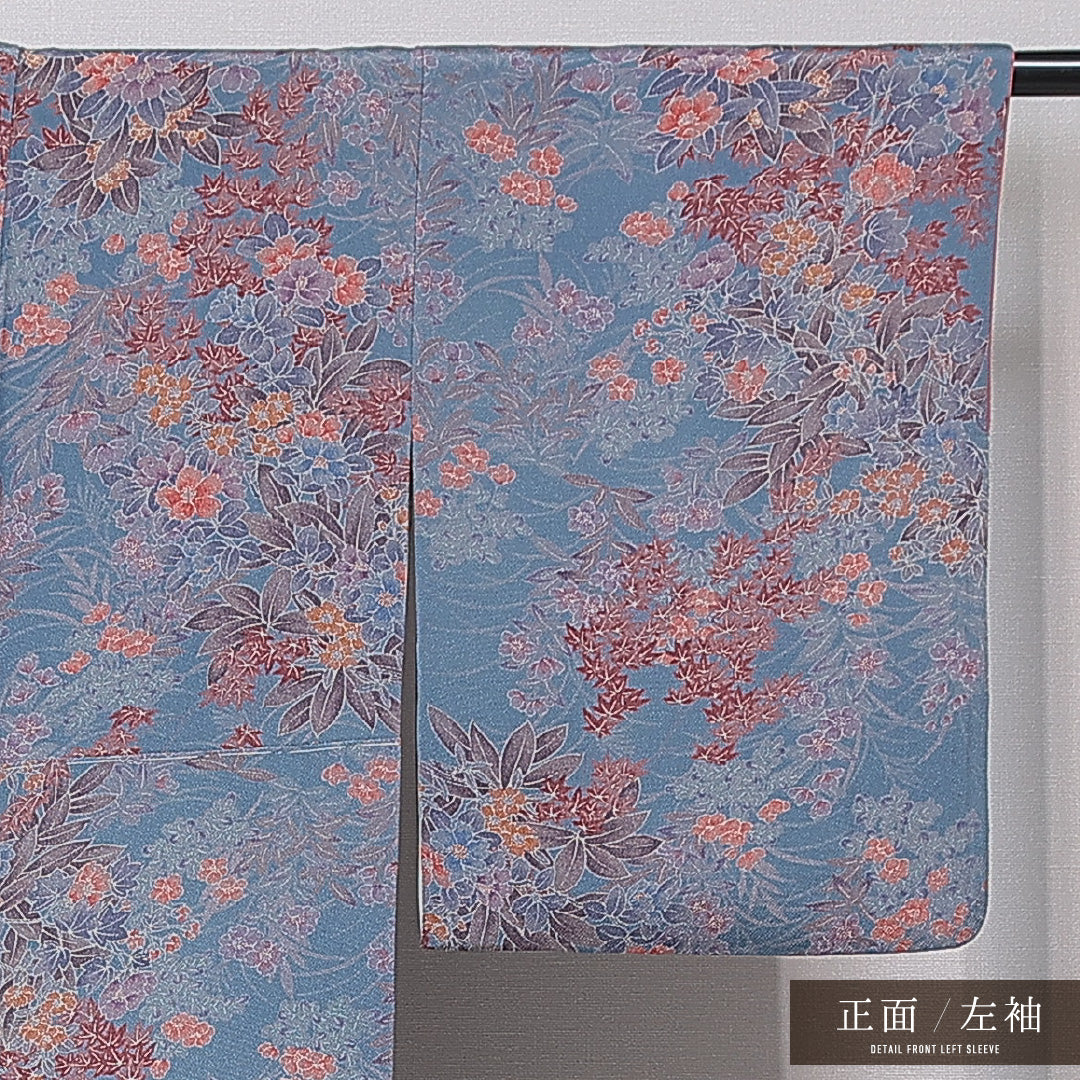 小紋 袷 身丈154cm 裄丈63cm 正絹 Sランク インフォーマル 広衿 Sサイズ 桜 紅葉 青系 RP 1221-15597