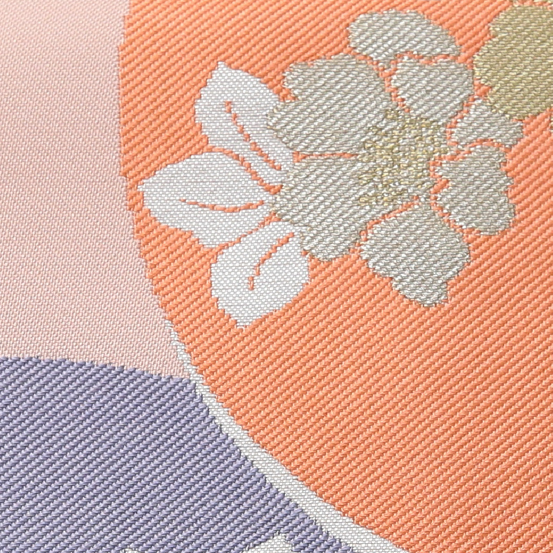 九寸名古屋帯 帯丈365cm インフォーマル 名古屋仕立て 六通 Aランク 正絹 丸文 椿 ピンク系 1224-03490