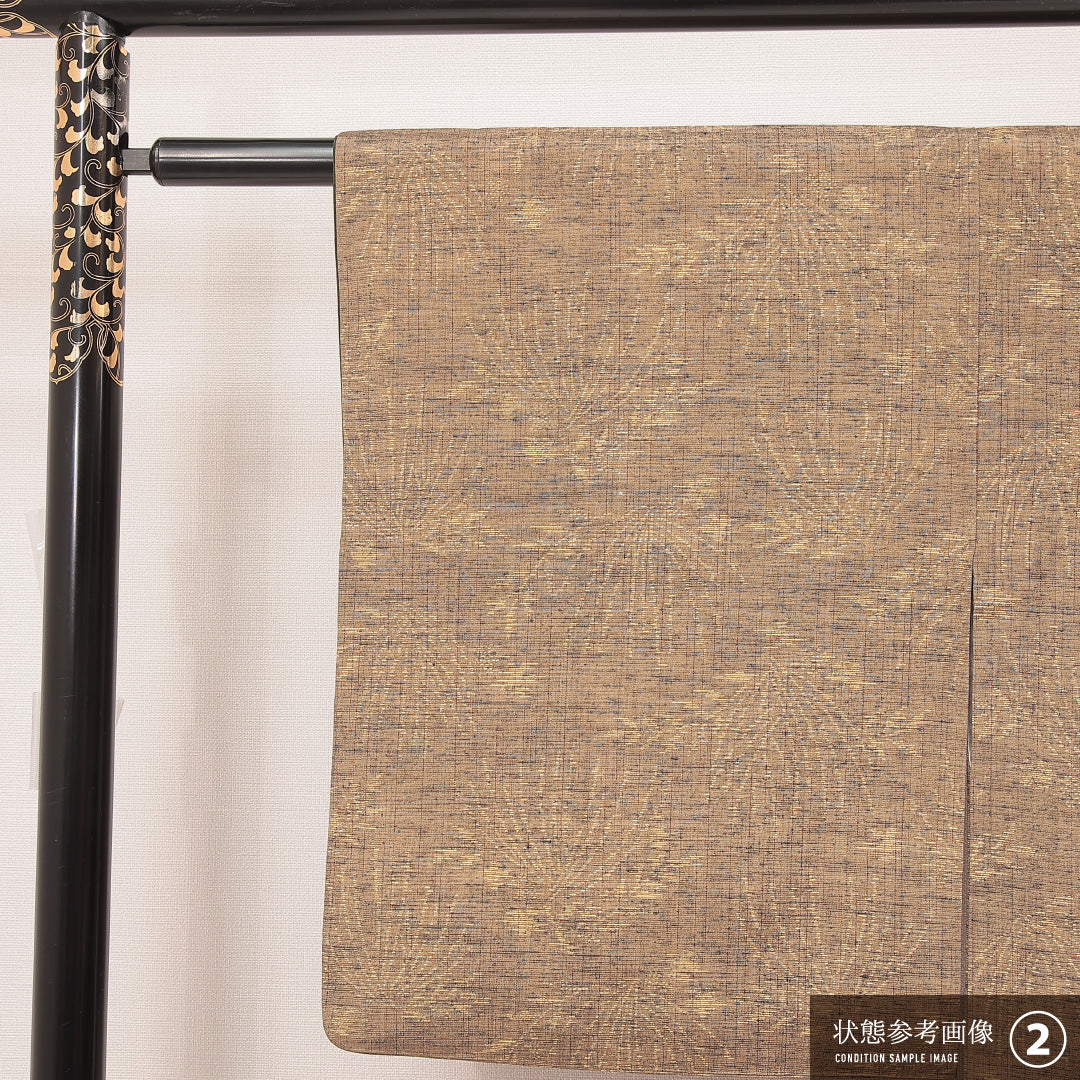 紬 袷 身丈150cm 裄丈62cm 正絹 Bランク カジュアル バチ衿 Sサイズ 植物柄 茶系 RP 1223-16919