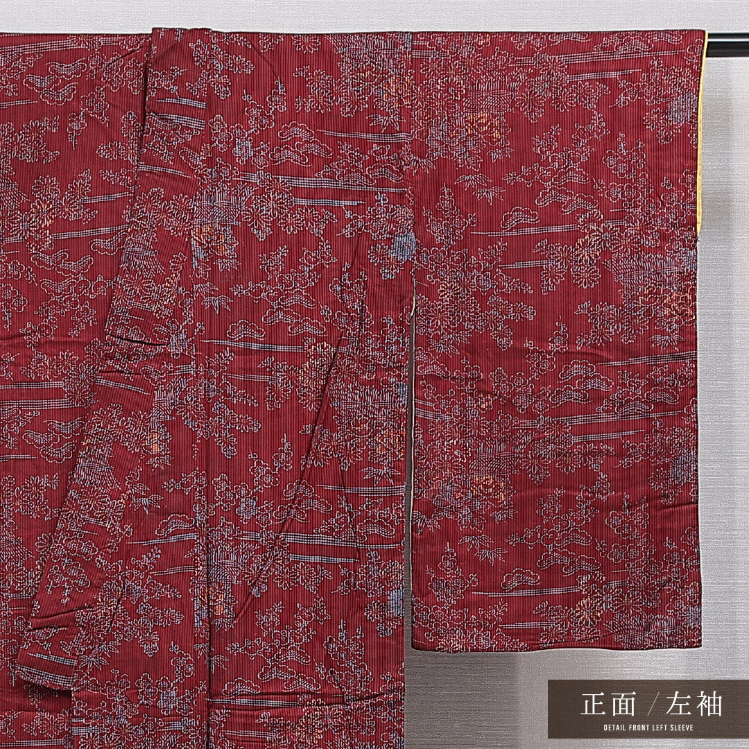 アンティーク 小紋 袷 身丈138cm 裄丈60cm 正絹 Bランク 広衿 XSサイズ 染め紬 菊 赤系 RP 1221-15512