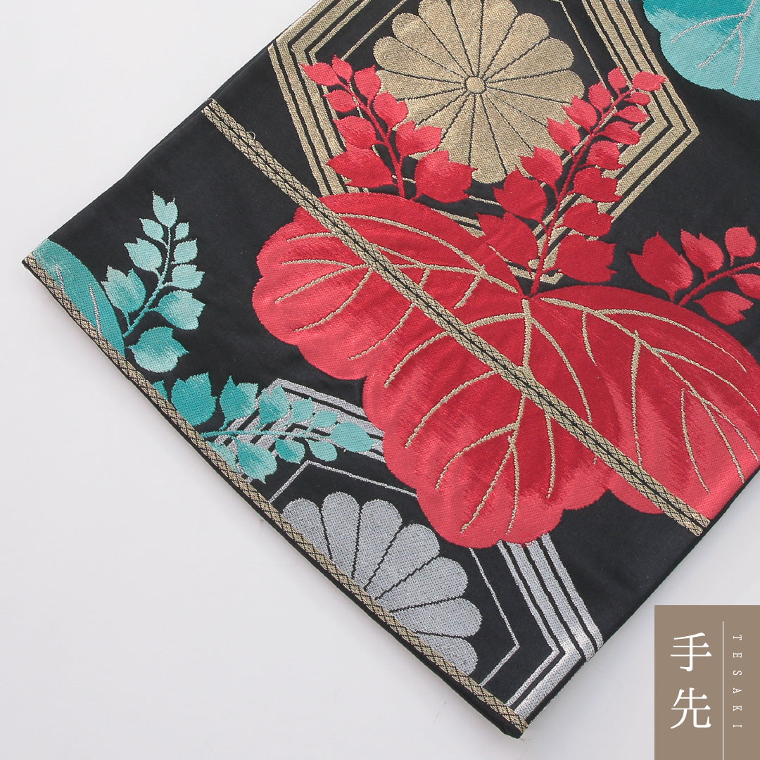 袋帯 帯丈418cm 正絹 六通 帯芯なし フォーマル 桐 菊亀甲 古典柄 黒系 1243-02262
