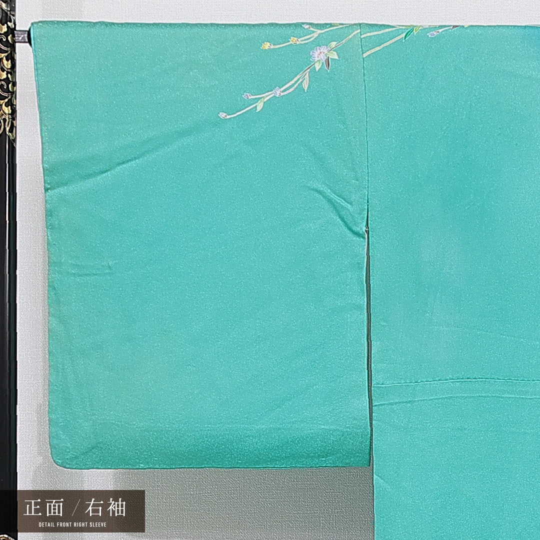 訪問着 洗える着物 袷 身丈163cm 裄丈67cm ポリエステル Cランク Lサイズ 広衿 セミフォーマル 牡丹 青系 緑系 1212-15678