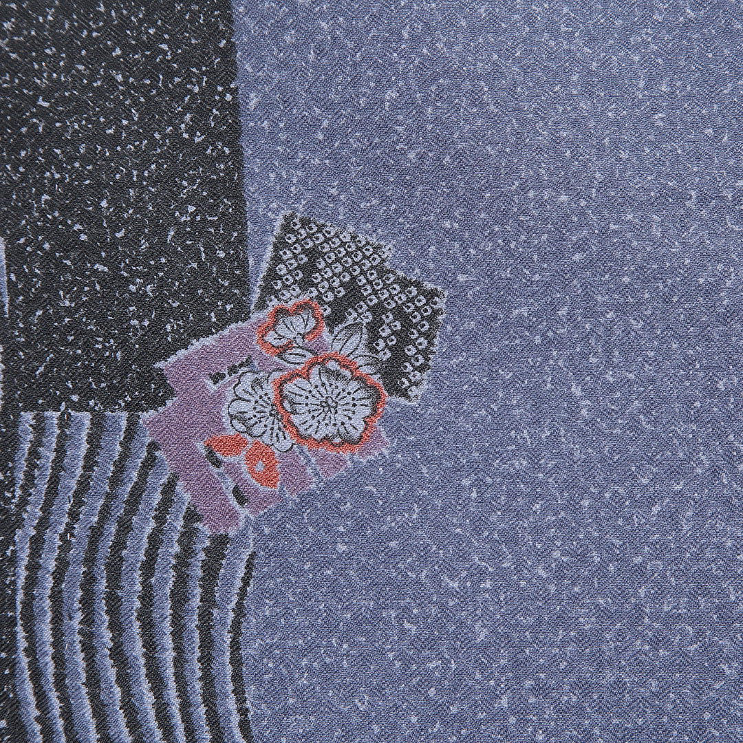 小紋 洗える着物 胴抜き 身丈162cm 裄丈67cm ポリエステル Cランク Lサイズ バチ衿 インフォーマル 花柄 青系 1215-16339