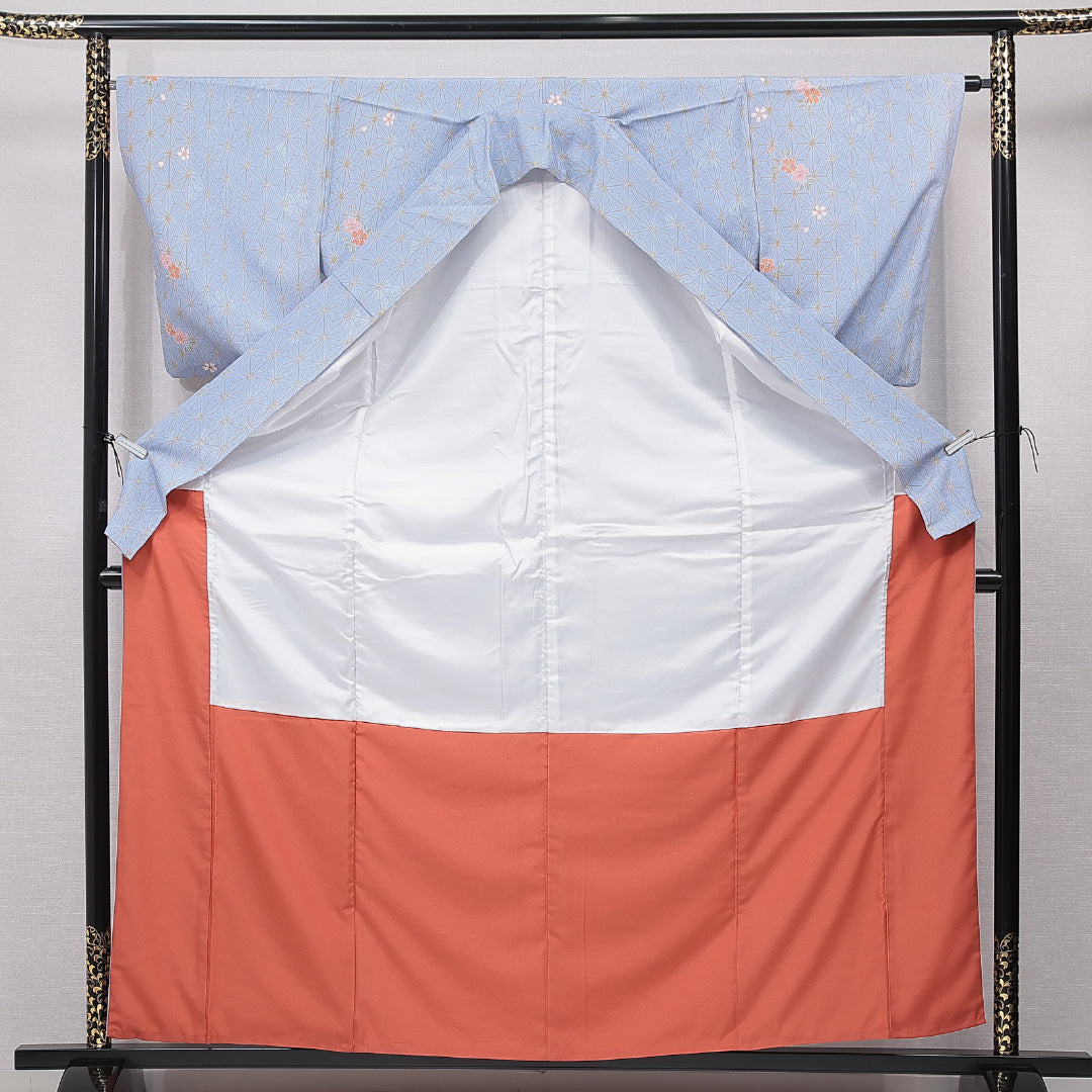 小紋 洗える着物 袷 身丈161cm 裄丈64cm ポリエステル Sランク Lサイズ 広衿 インフォーマル 麻の葉 桜 水色系 1215-15811