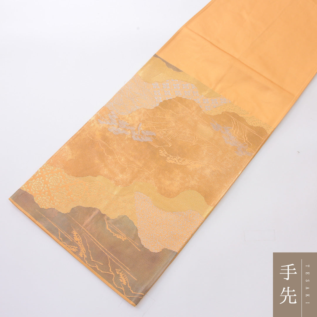 袋帯 帯丈422cm 正絹 六通 フォーマル 楼閣 道長取り 山水 朱系 クリーム系 1243-02189