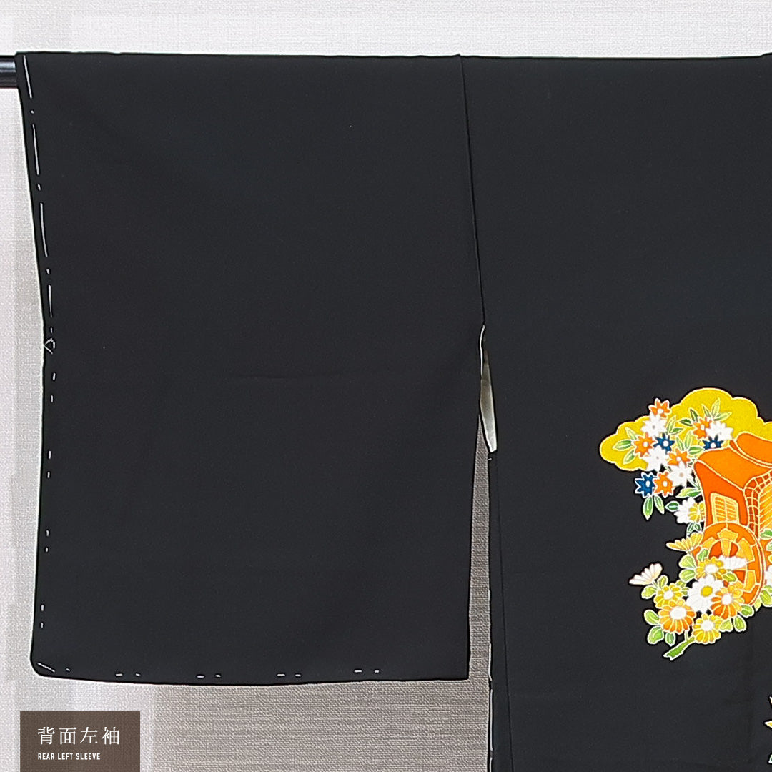 黒羽織 袷 身丈79cm 裄丈63cm 正絹 Aランク 一つ紋 (五三桐) セミフォーマル Sサイズ 紐あり 花車 黒系 RP 1233-15306
