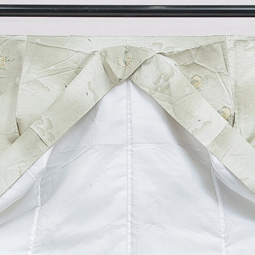 小紋 洗える着物 袷 身丈159cm 裄丈64cm ポリエステル Sランク Mサイズ 広衿 インフォーマル 雲取り 亀甲 緑系 1215-16274