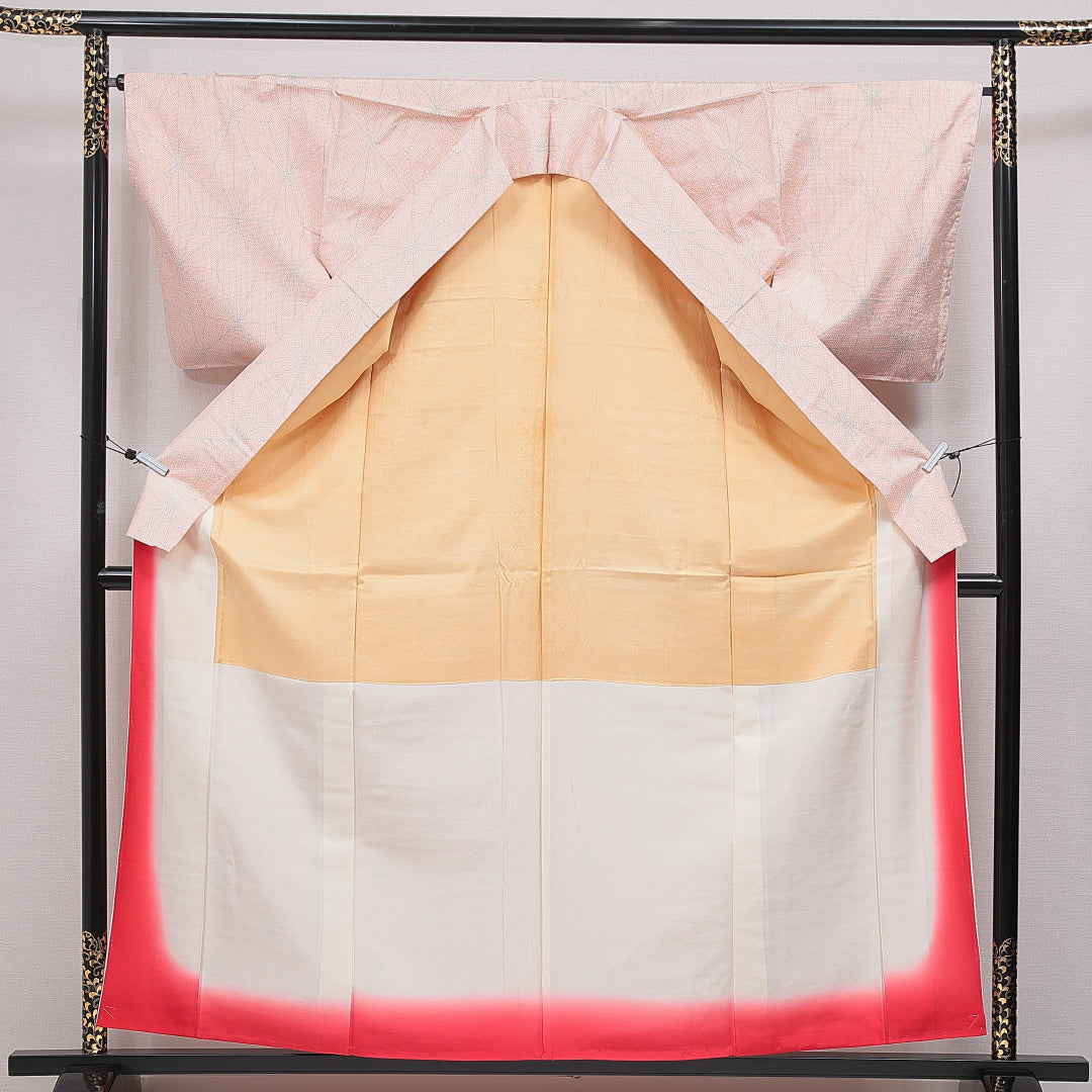 紬 袷 身丈159cm 裄丈65cm 正絹 Cランク Mサイズ 広衿 カジュアル 麻の葉 朱系 1216-16659