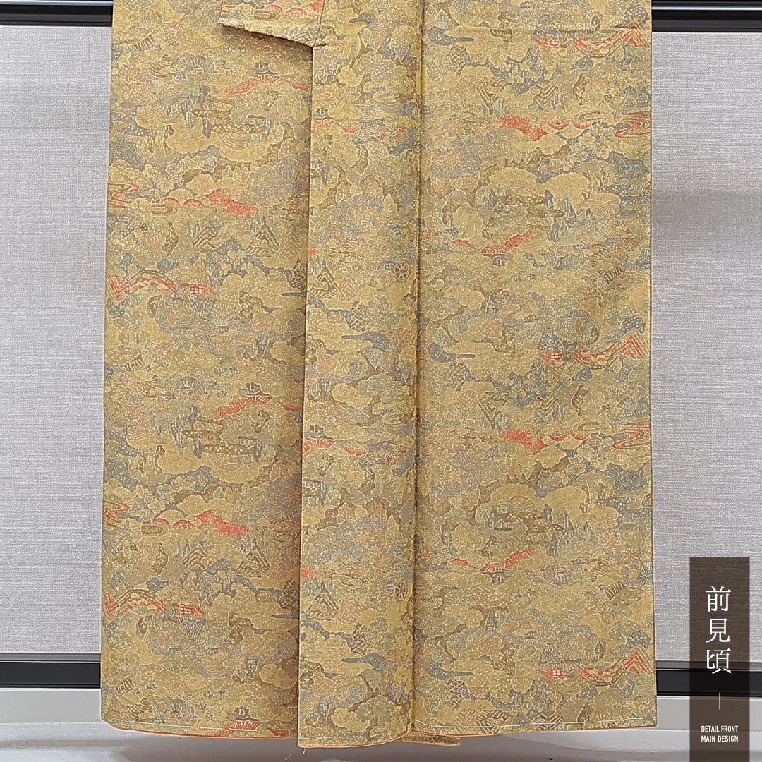 紬 袷 身丈156cm 裄丈64cm 正絹 Sランク カジュアル 広衿 Mサイズ 風景柄 緑系 RP 1223-15472