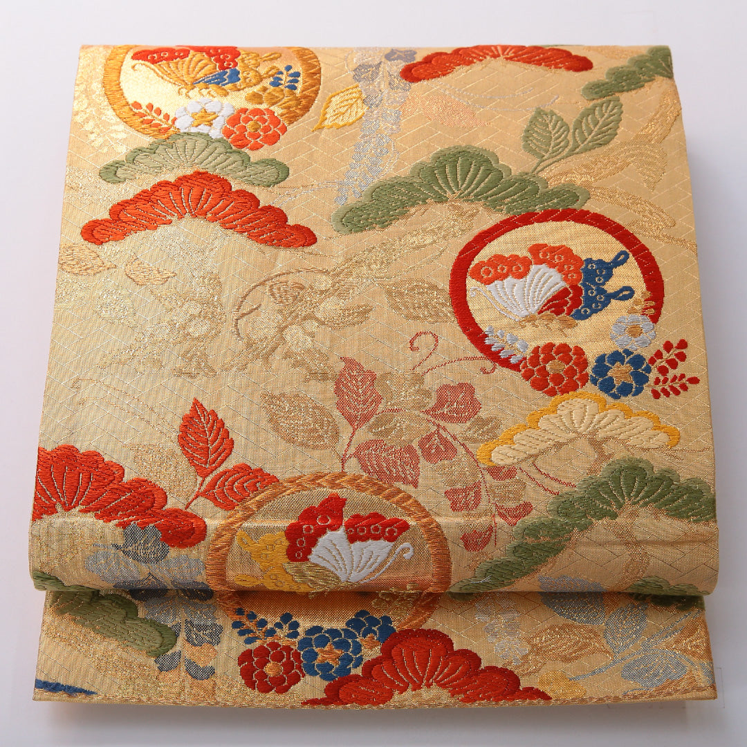 袋帯 帯丈442cm 正絹 六通 フォーマル 蝶 笠松 丸文 落款 金系 1243-02002