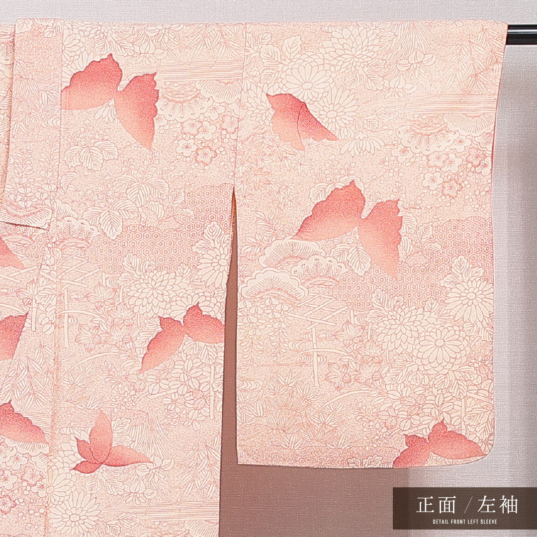 小紋 袷 身丈154cm 裄丈62cm 正絹 Sランク インフォーマル バチ衿 Sサイズ 蝶 菊 赤系 RP 1221-15470