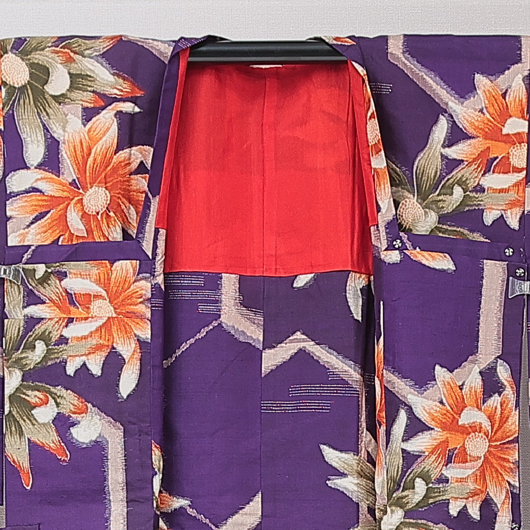 アンティーク 道行コート（銘仙） 袷 身丈86cm 裄丈64cm 正絹 Aランク Mサイズ 亀甲 花柄 青系 1263-15179