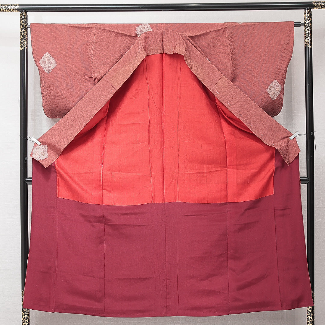 アンティーク 紬 袷 身丈153cm 裄丈63cm 正絹 Aランク Sサイズ 広衿 花柄 赤系 1216-15233