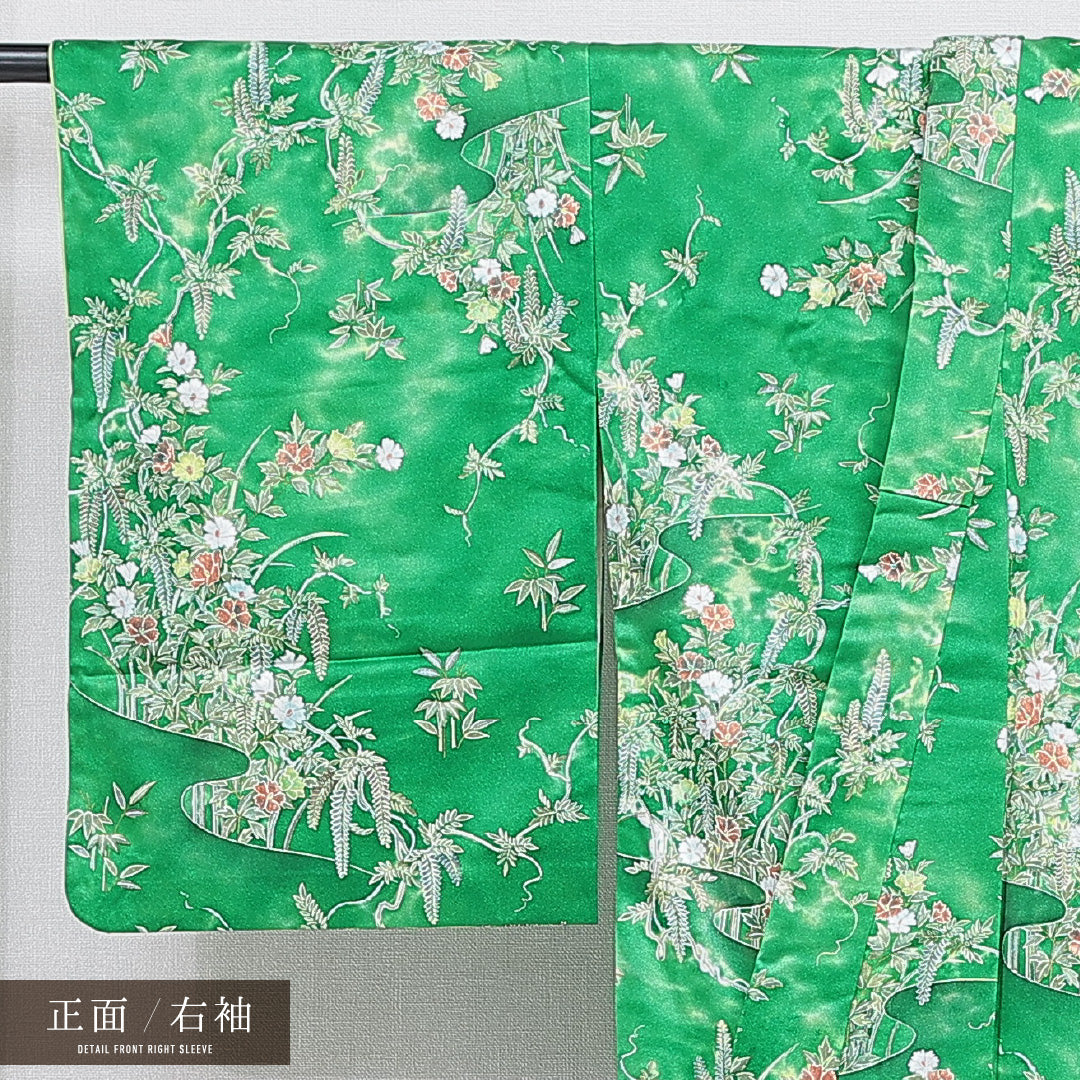 洗える着物 小紋 袷 身丈160cm 裄丈65cm ポリエステル Cランク インフォーマル 広衿 Lサイズ 流水 花柄 緑系 LP 1221-16265