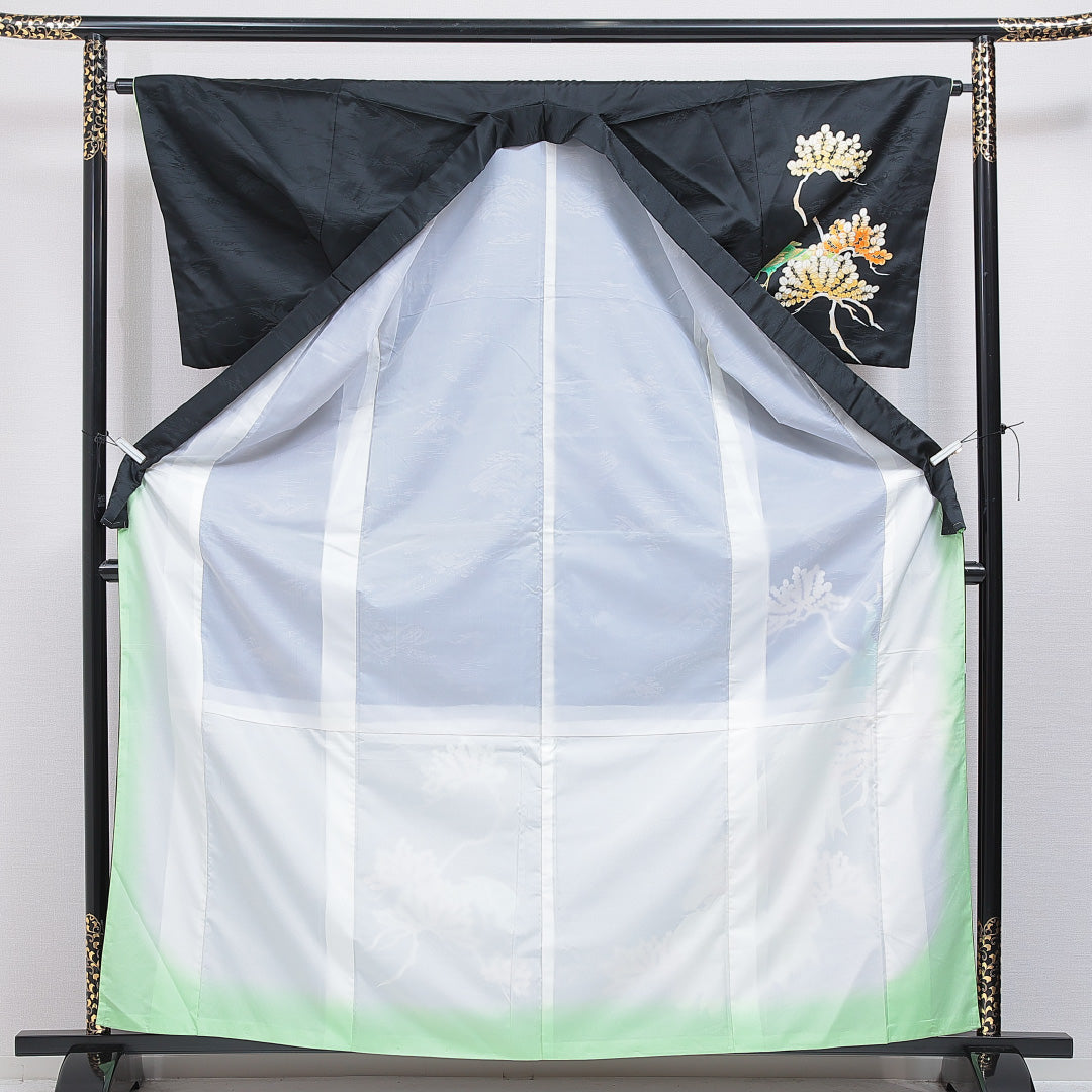 訪問着 洗える着物 袷 身丈164cm 裄丈63cm ポリエステル Sランク Lサイズ バチ衿 セミフォーマル 孔雀 金駒刺繍 黒系 1212-16287